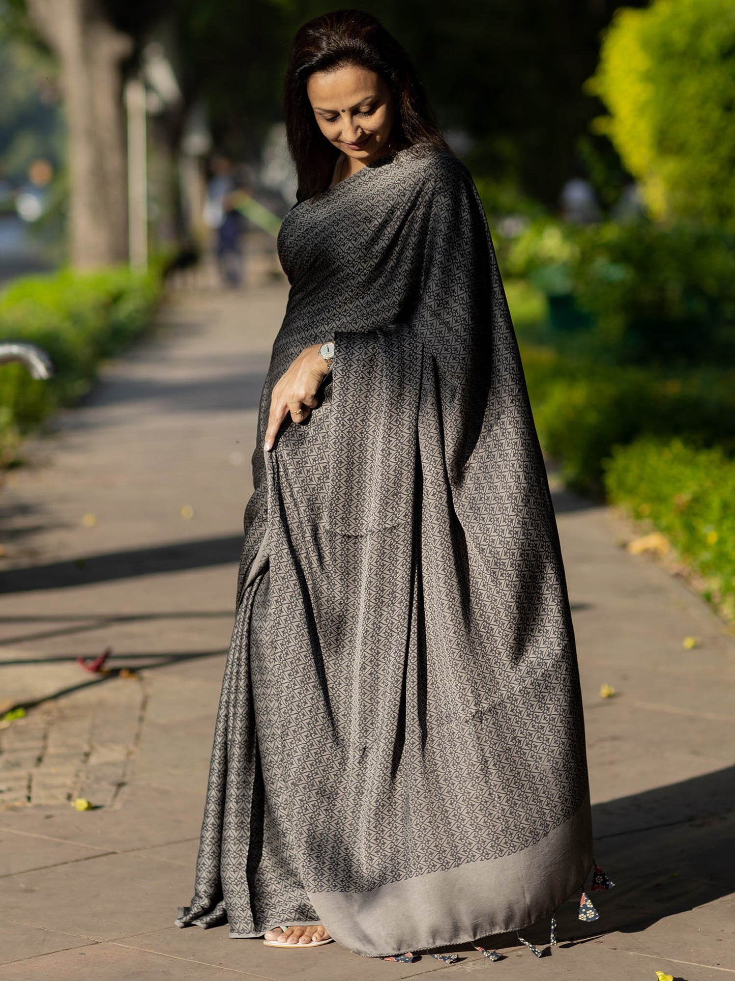 Grey Jaal Modal Silk Ajrakh Block Print Saree