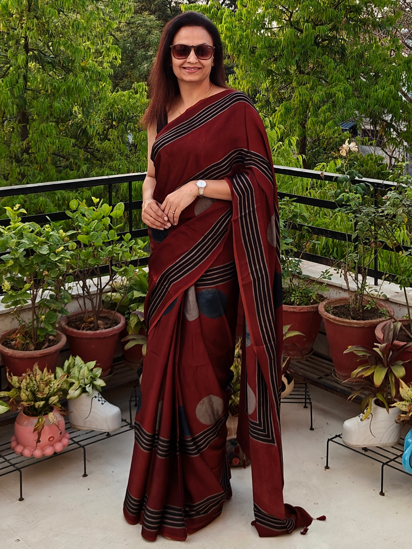 Maroon Striped & Polka Modal Silk Ajrakh Block Print Saree