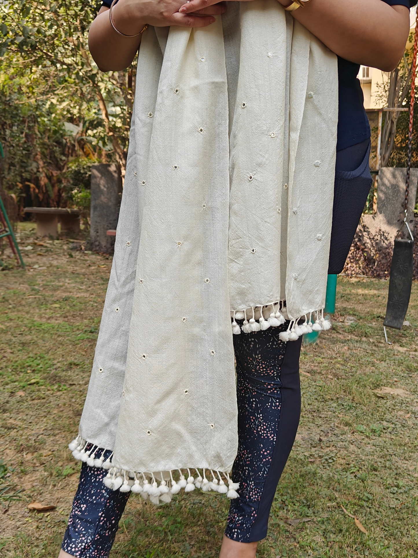Off White Handwoven Woollen Stole with Handembroidered Mirror Work
