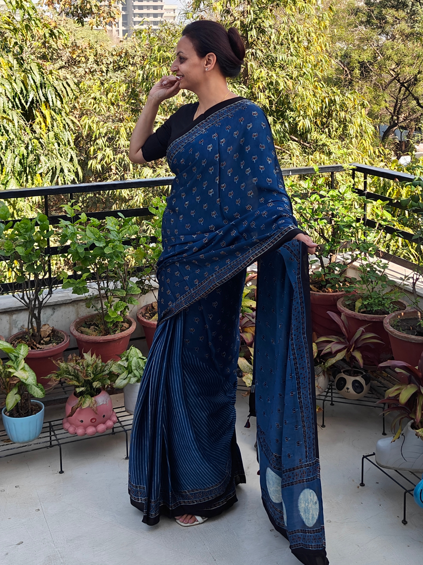 Indigo Half & Half Modal Silk Ajrakh Block Print Saree