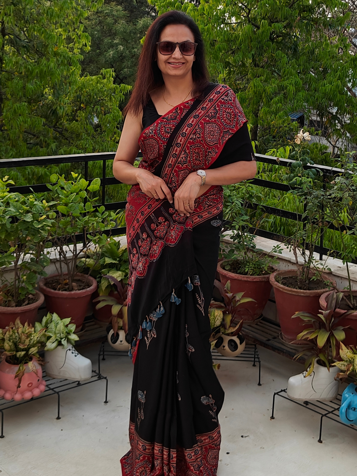 Black & Red Modal Silk Ajrakh Block Print Saree