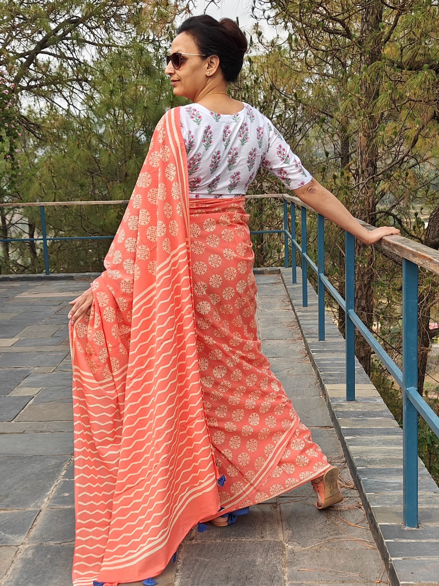 Peach Coral Handblock Printed Mull Cotton Saree