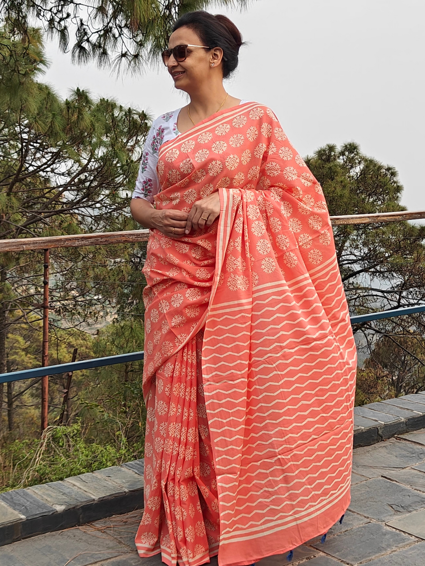 Peach Coral Handblock Printed Mull Cotton Saree