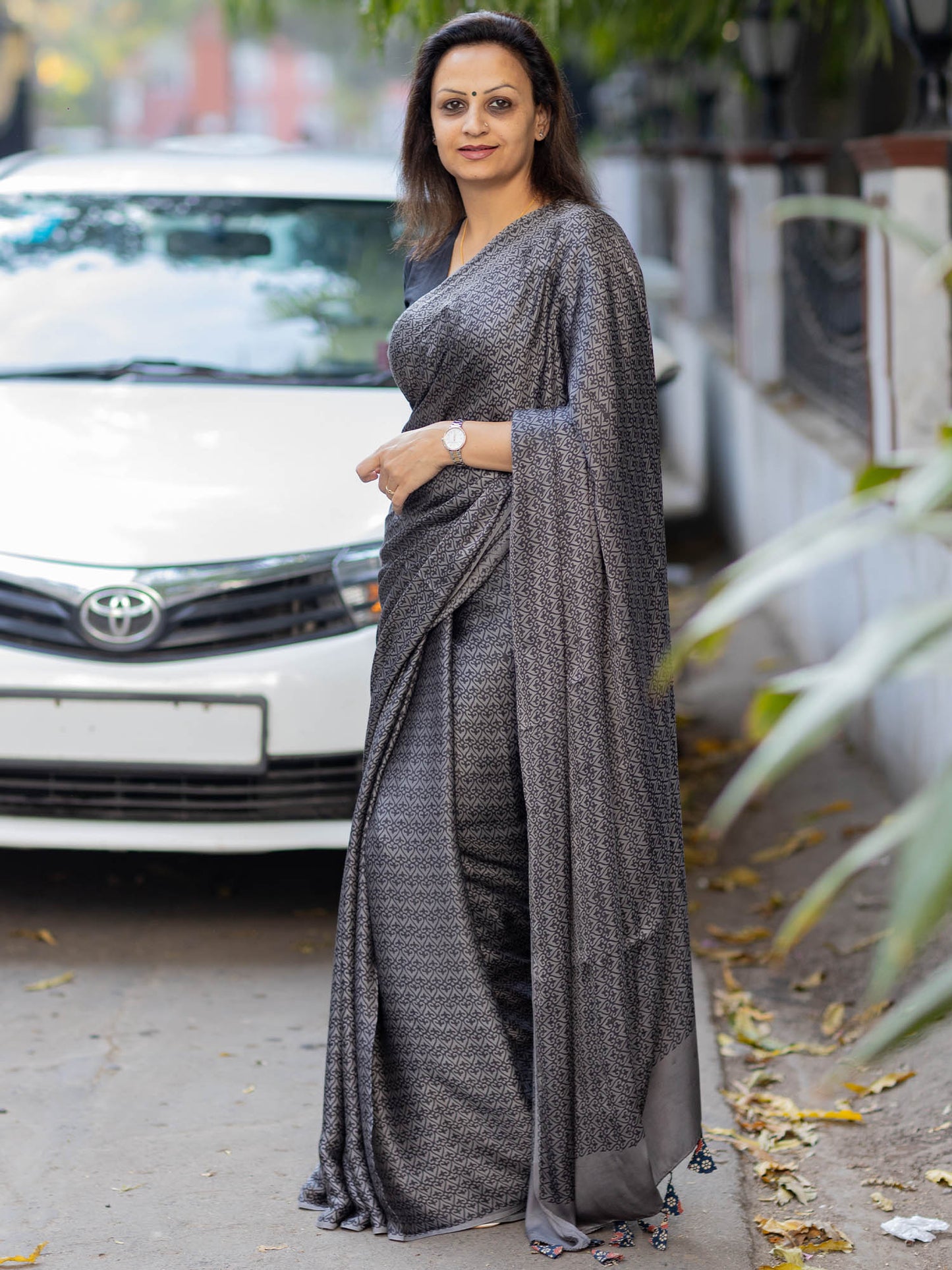 Grey Jaal Modal Silk Ajrakh Block Print Saree