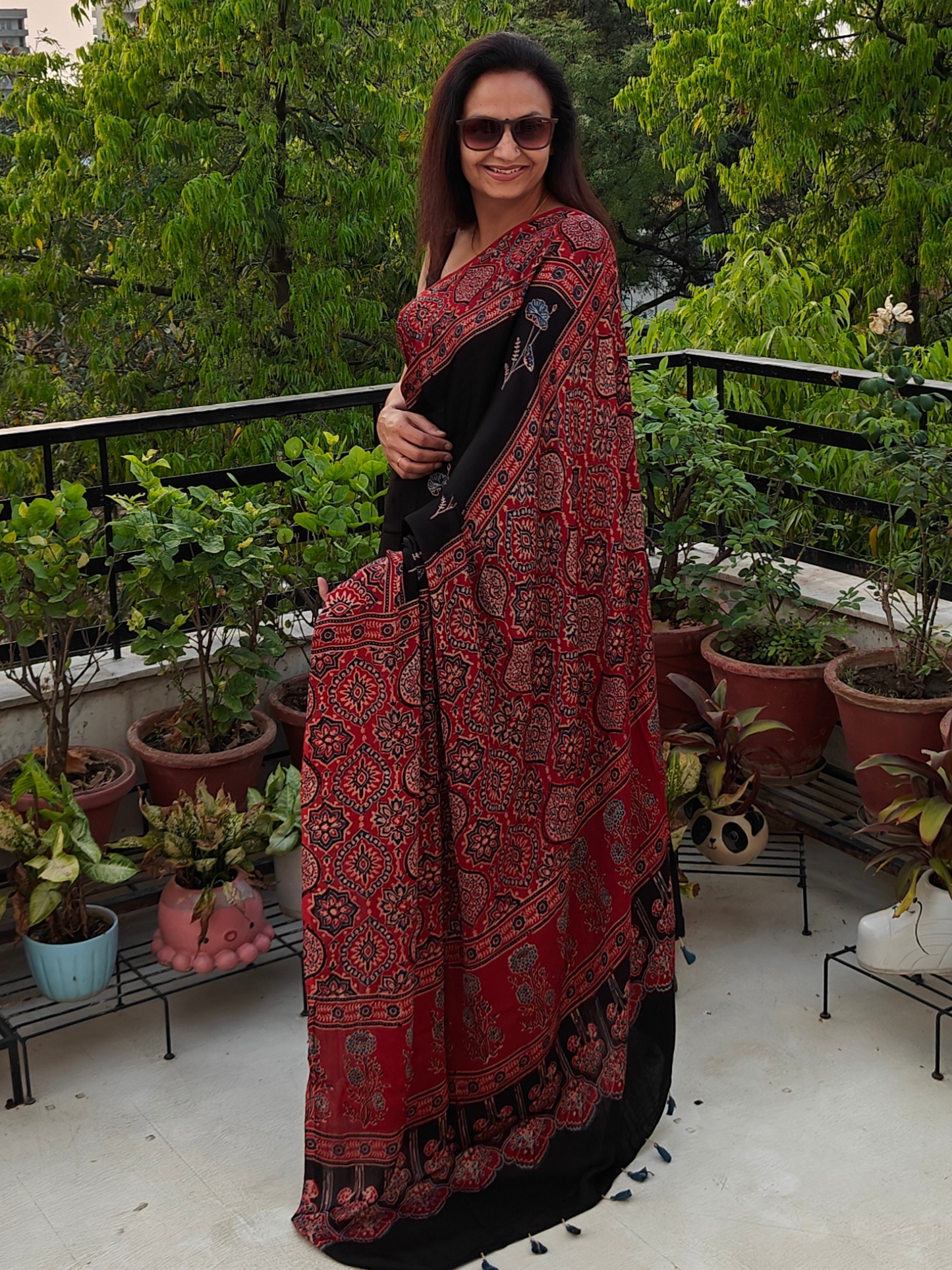 Black & Red Modal Silk Ajrakh Block Print Saree