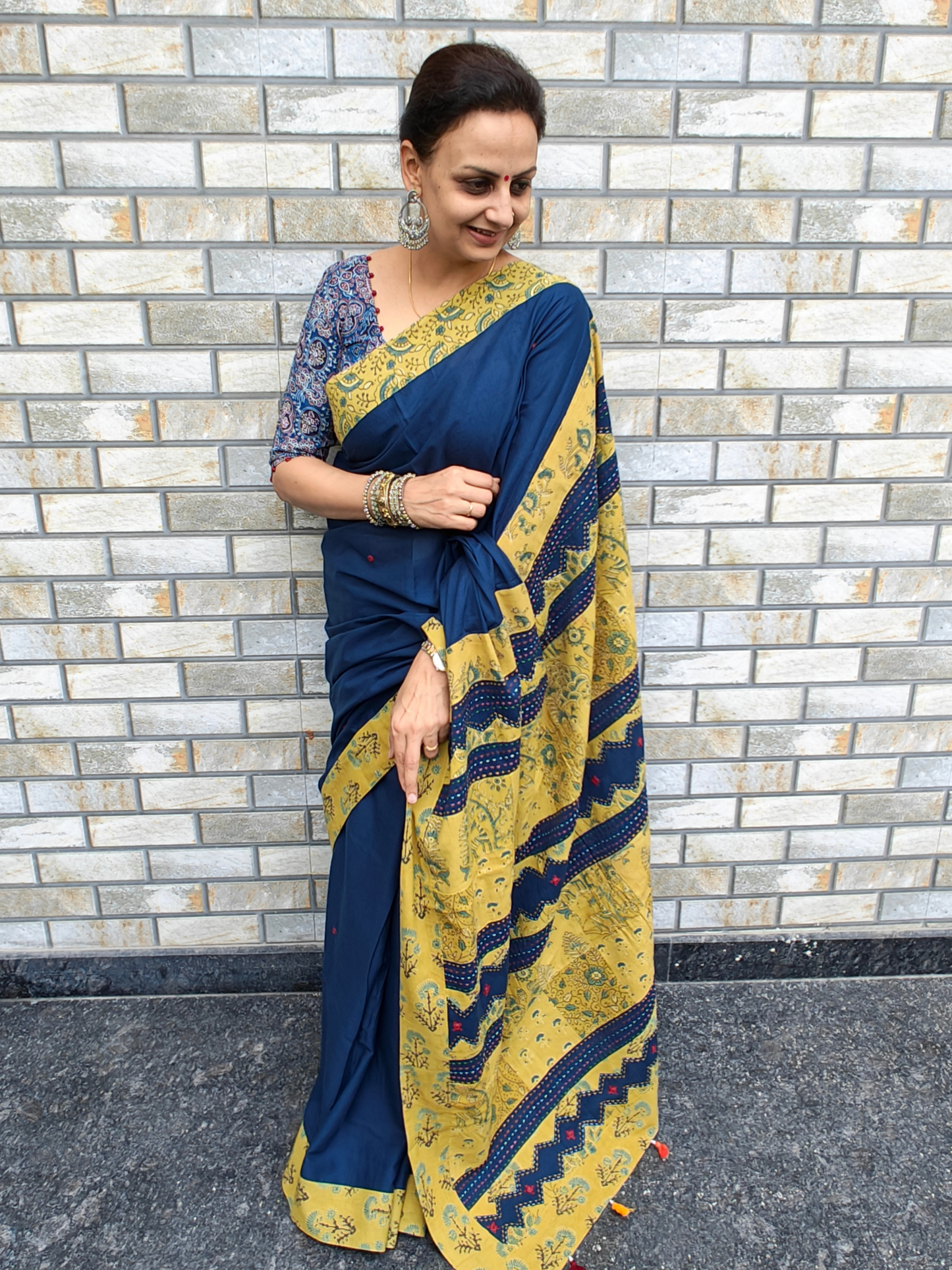 Blue Mull Ajrakh Handcrafted Saree