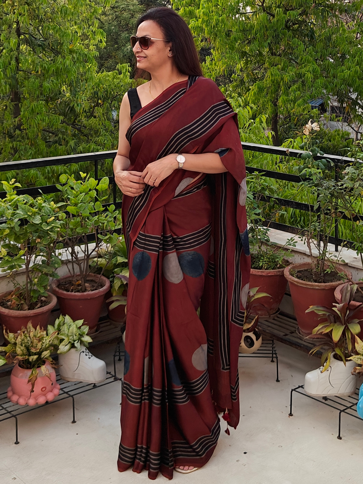 Maroon Striped & Polka Modal Silk Ajrakh Block Print Saree