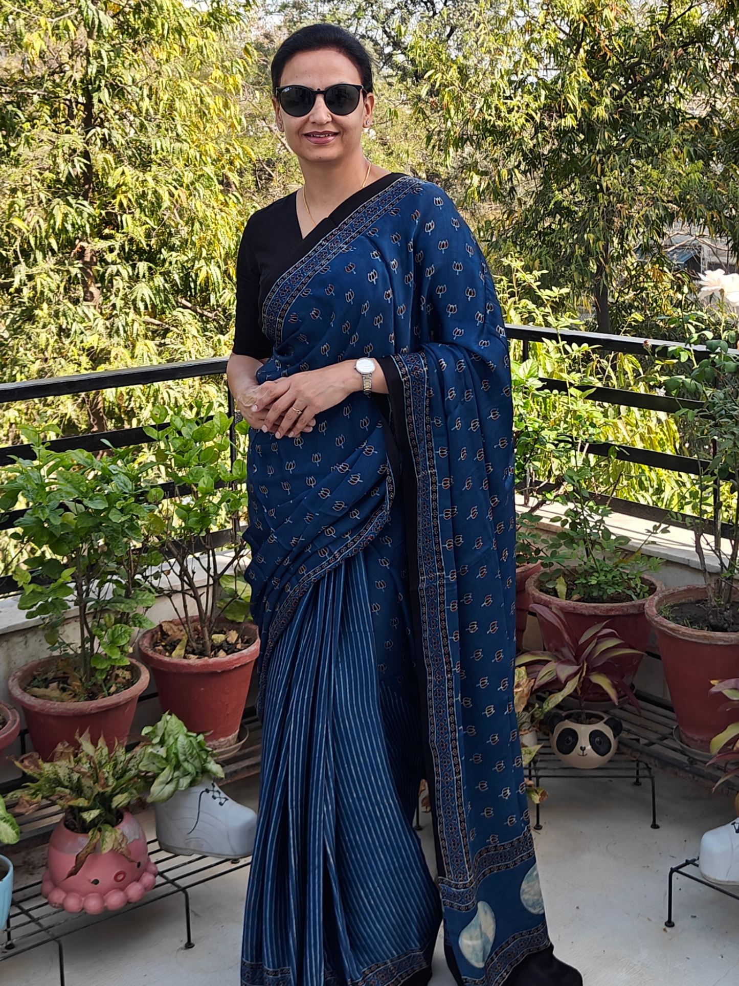 Indigo Half & Half Modal Silk Ajrakh Block Print Saree