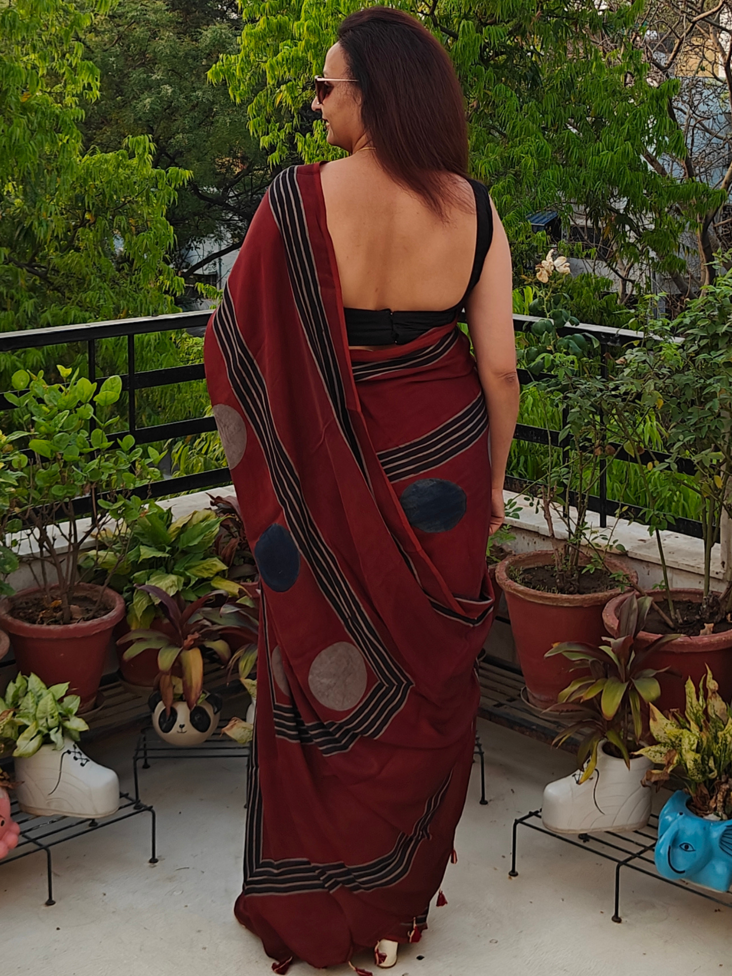 Maroon Striped & Polka Modal Silk Ajrakh Block Print Saree