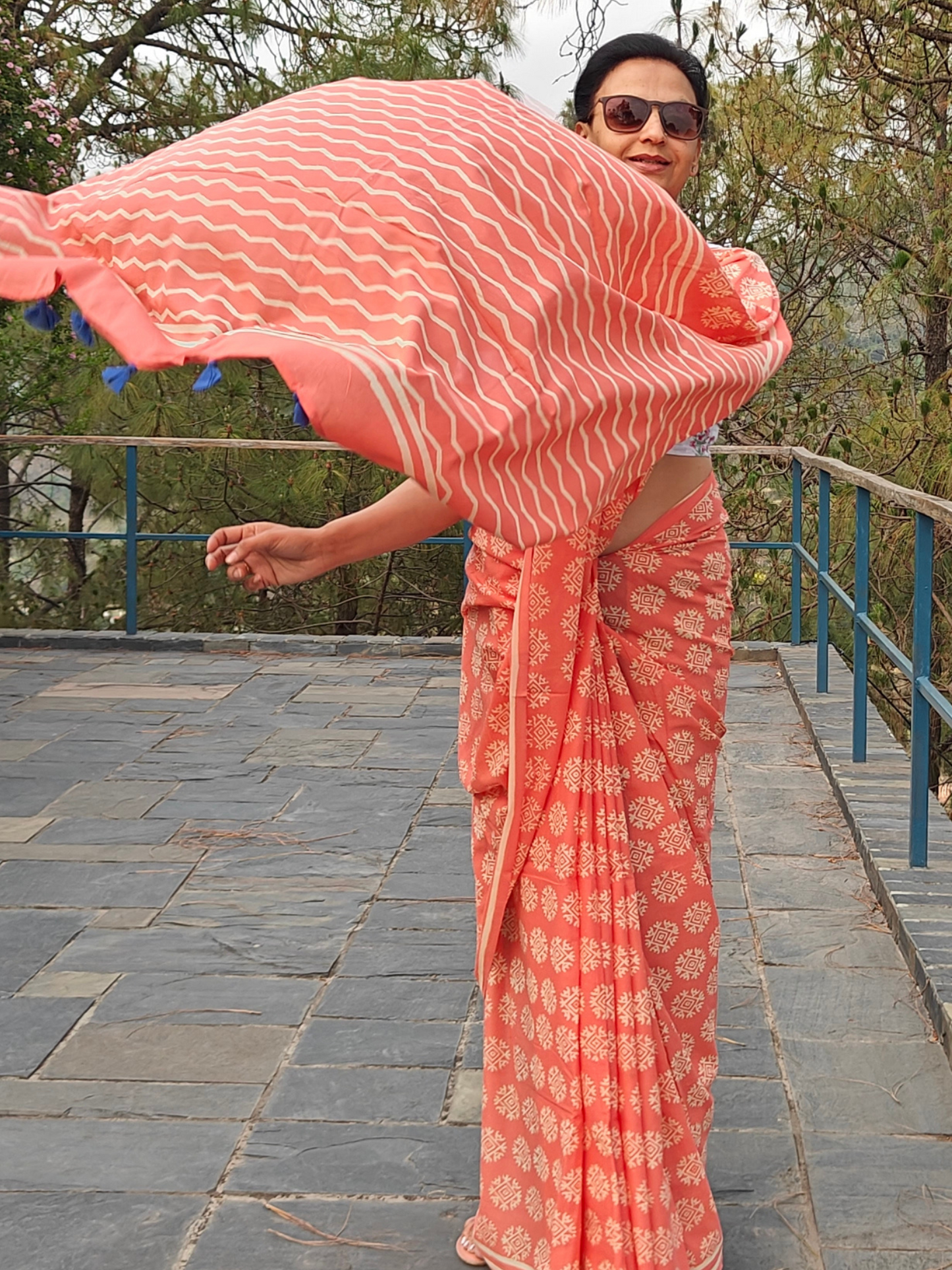 Peach Coral Handblock Printed Mull Cotton Saree