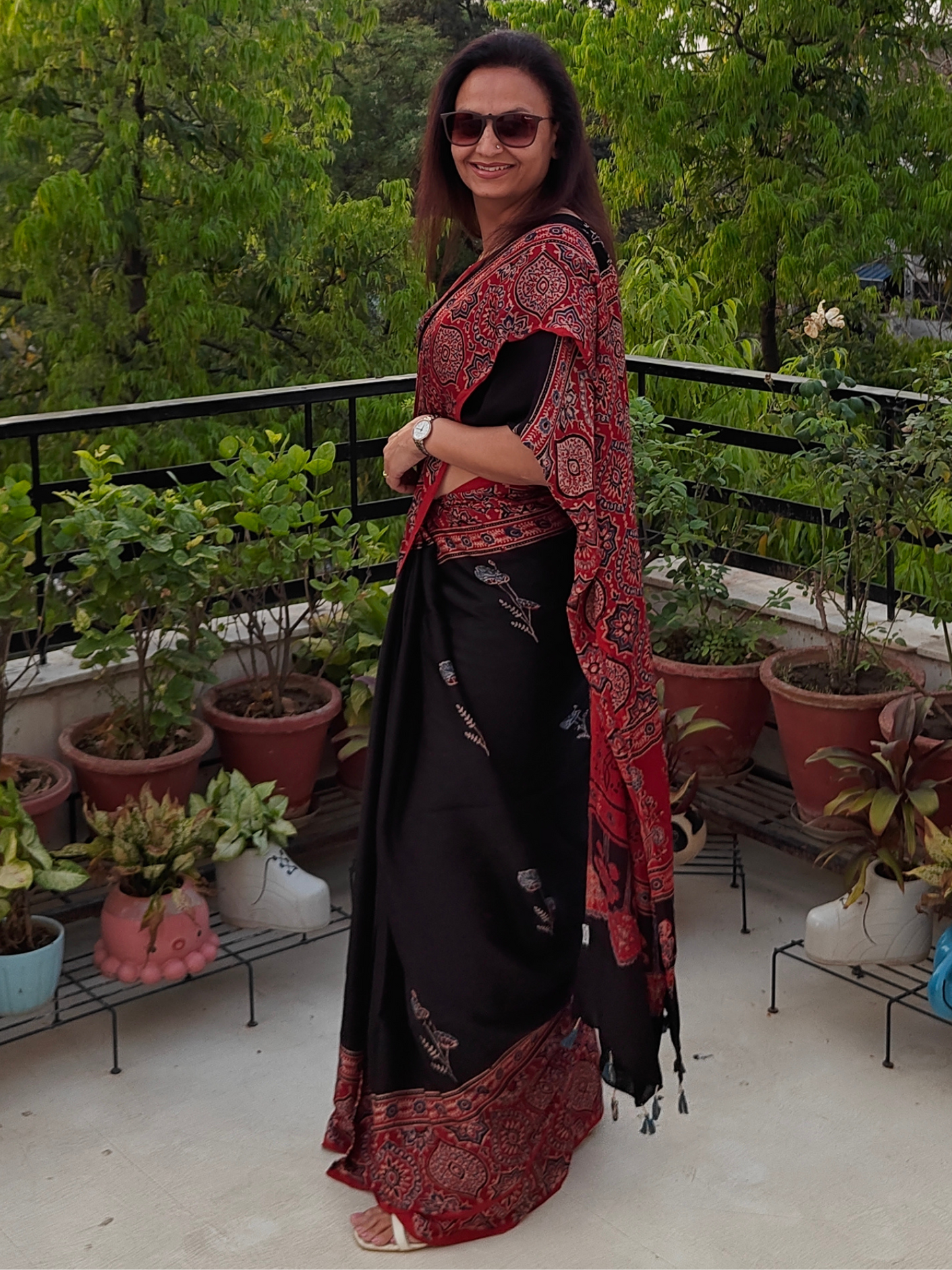 Black & Red Modal Silk Ajrakh Block Print Saree