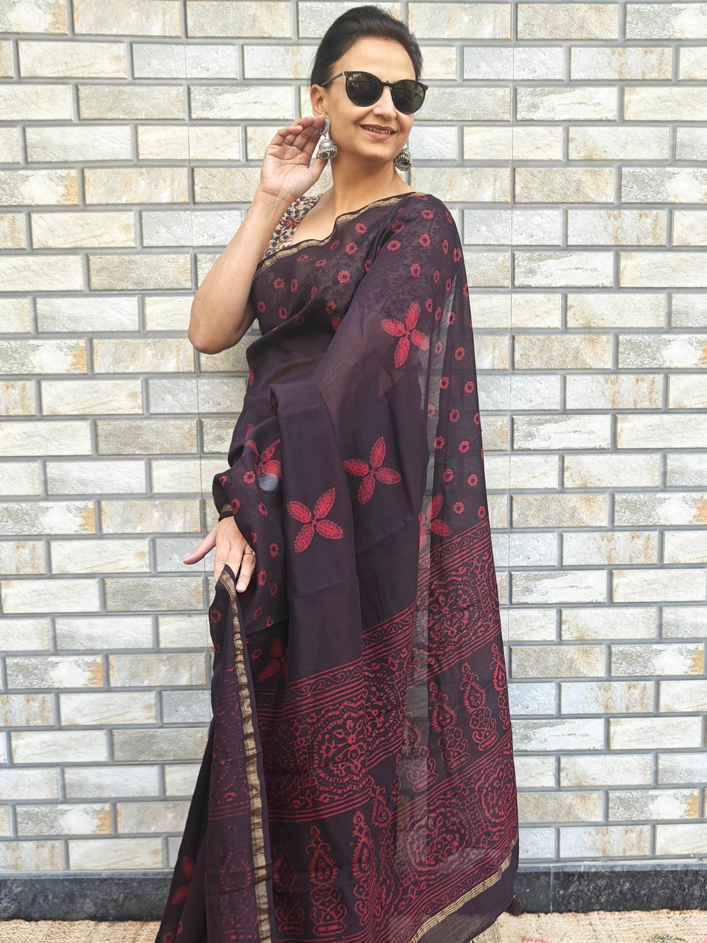 Coffee-Maroon Dabu Handblock Print Chanderi Saree