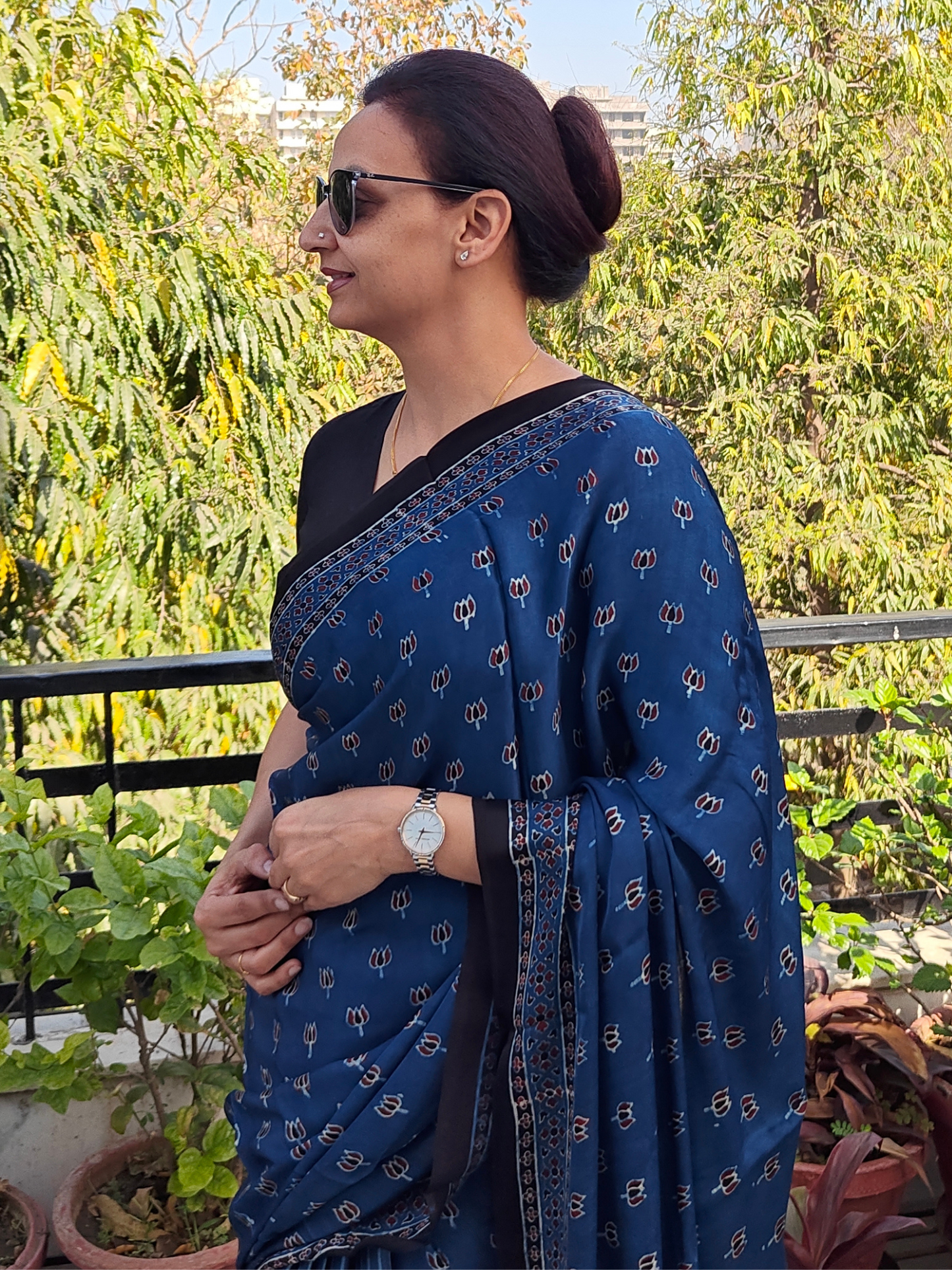 Indigo Half & Half Modal Silk Ajrakh Block Print Saree