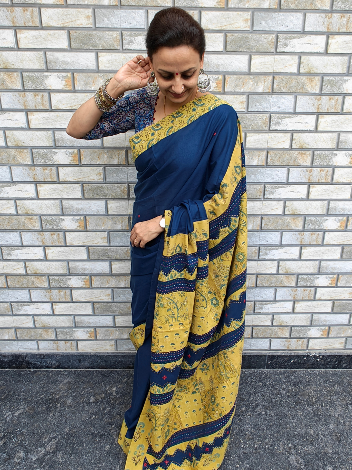 Blue Mull Ajrakh Handcrafted Saree