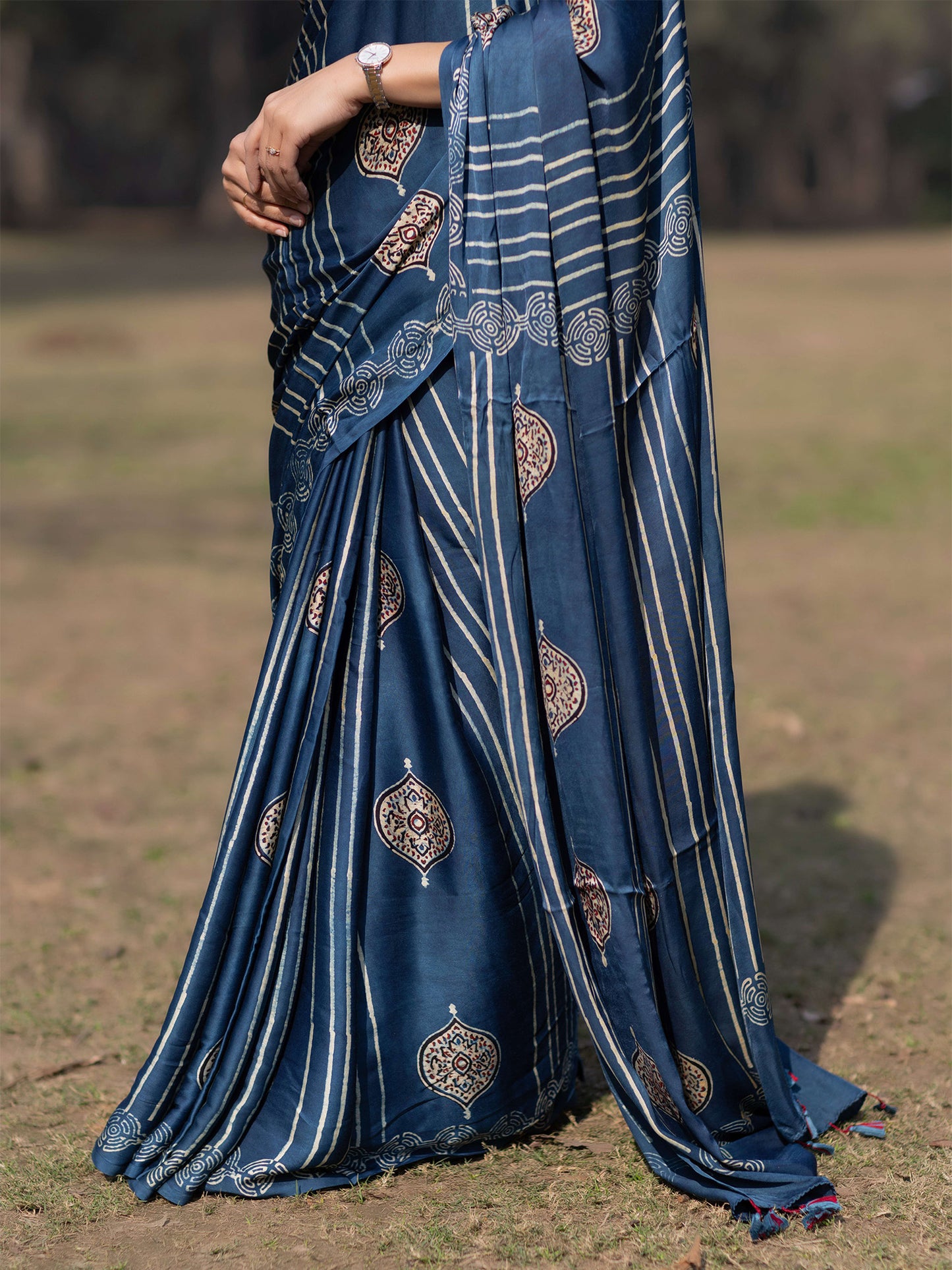 Indigo Modal Silk Ajrakh Block Print Saree