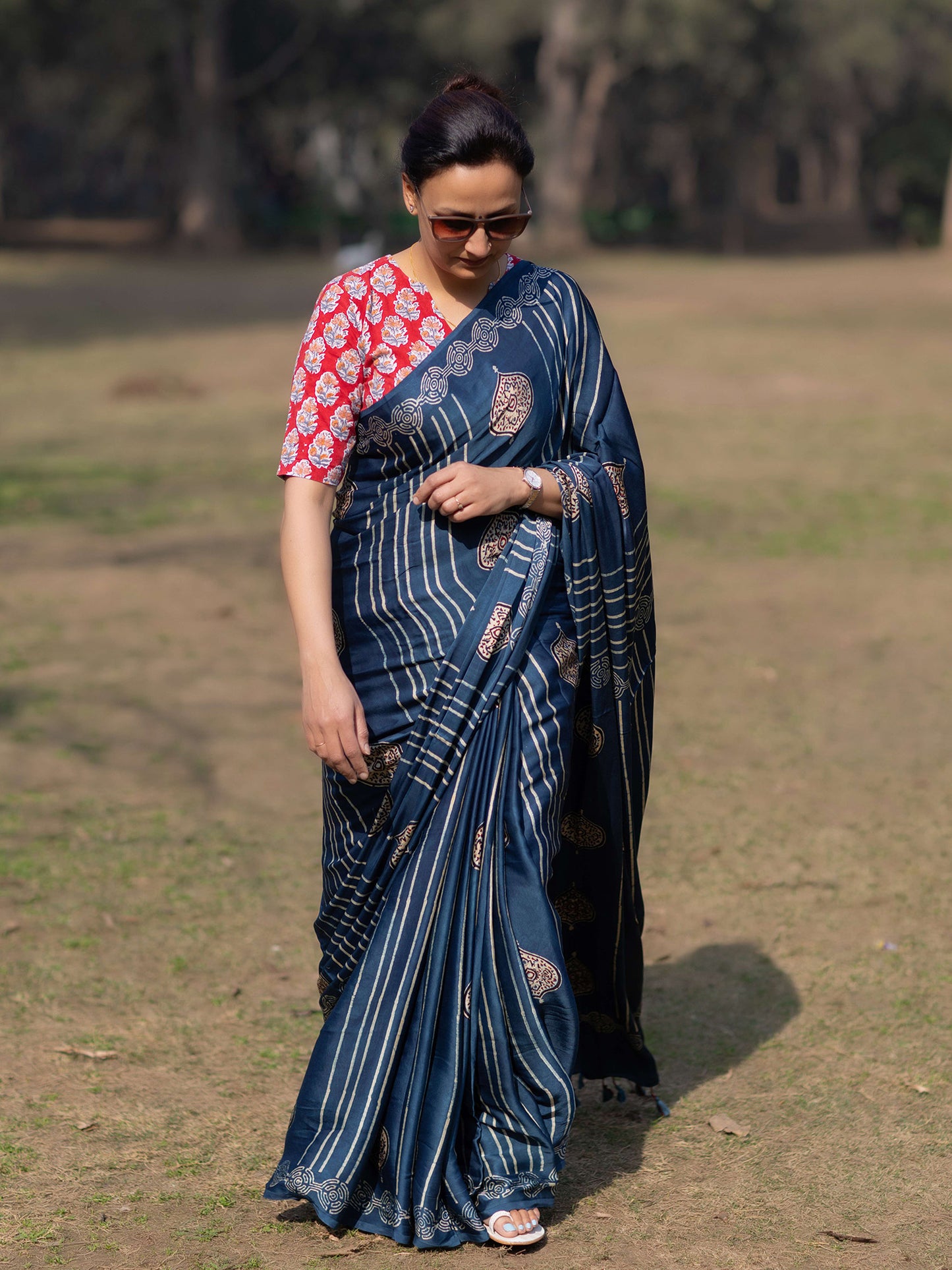 Indigo Modal Silk Ajrakh Block Print Saree