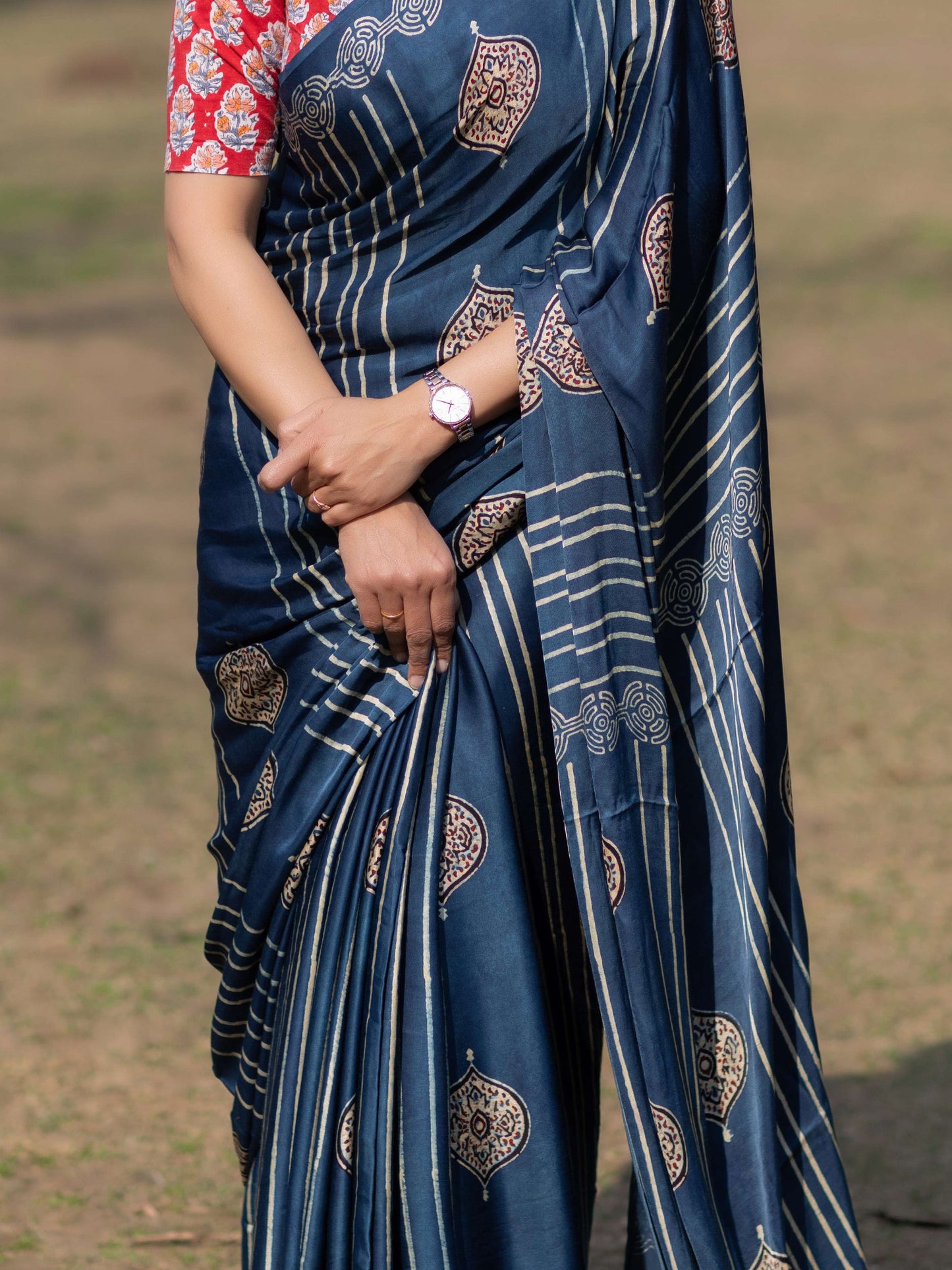 Indigo Modal Silk Ajrakh Block Print Saree