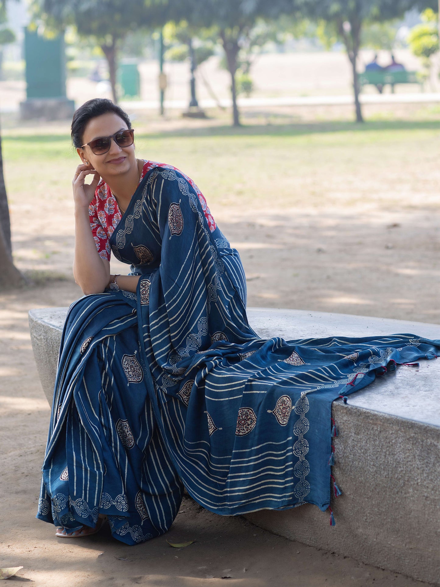 Indigo Modal Silk Ajrakh Block Print Saree