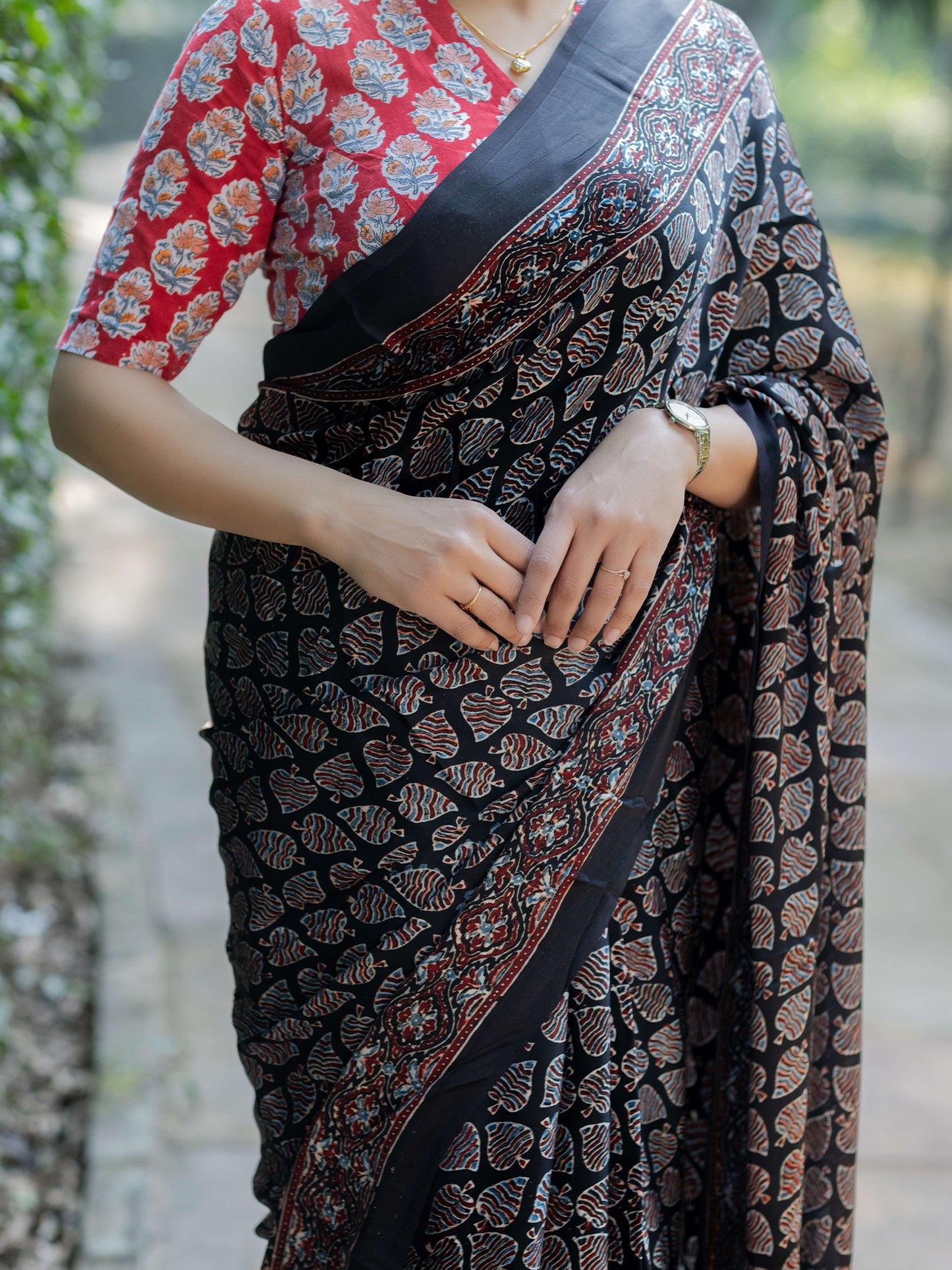 Black Modal Silk Ajrakh Block Print Saree