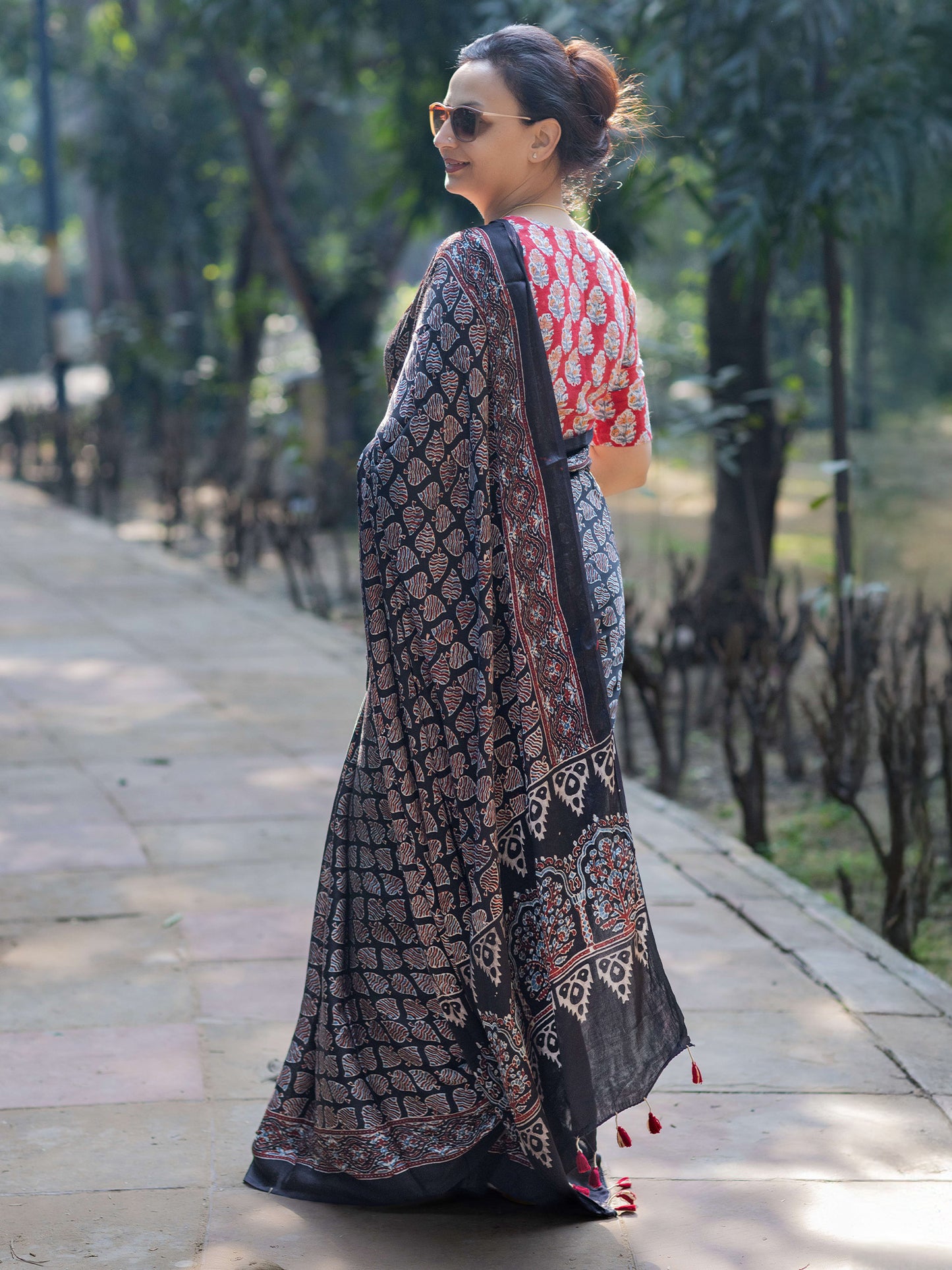 Black Modal Silk Ajrakh Block Print Saree