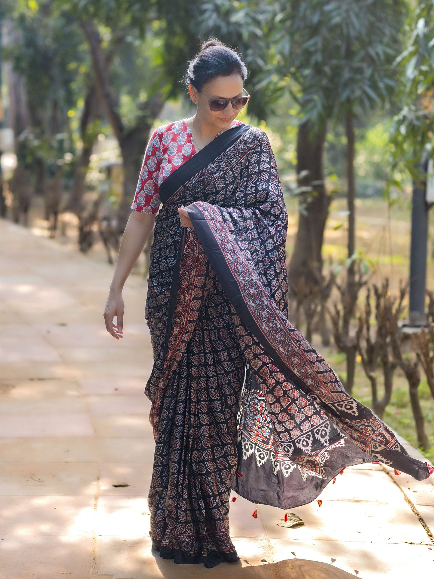 Black Modal Silk Ajrakh Block Print Saree
