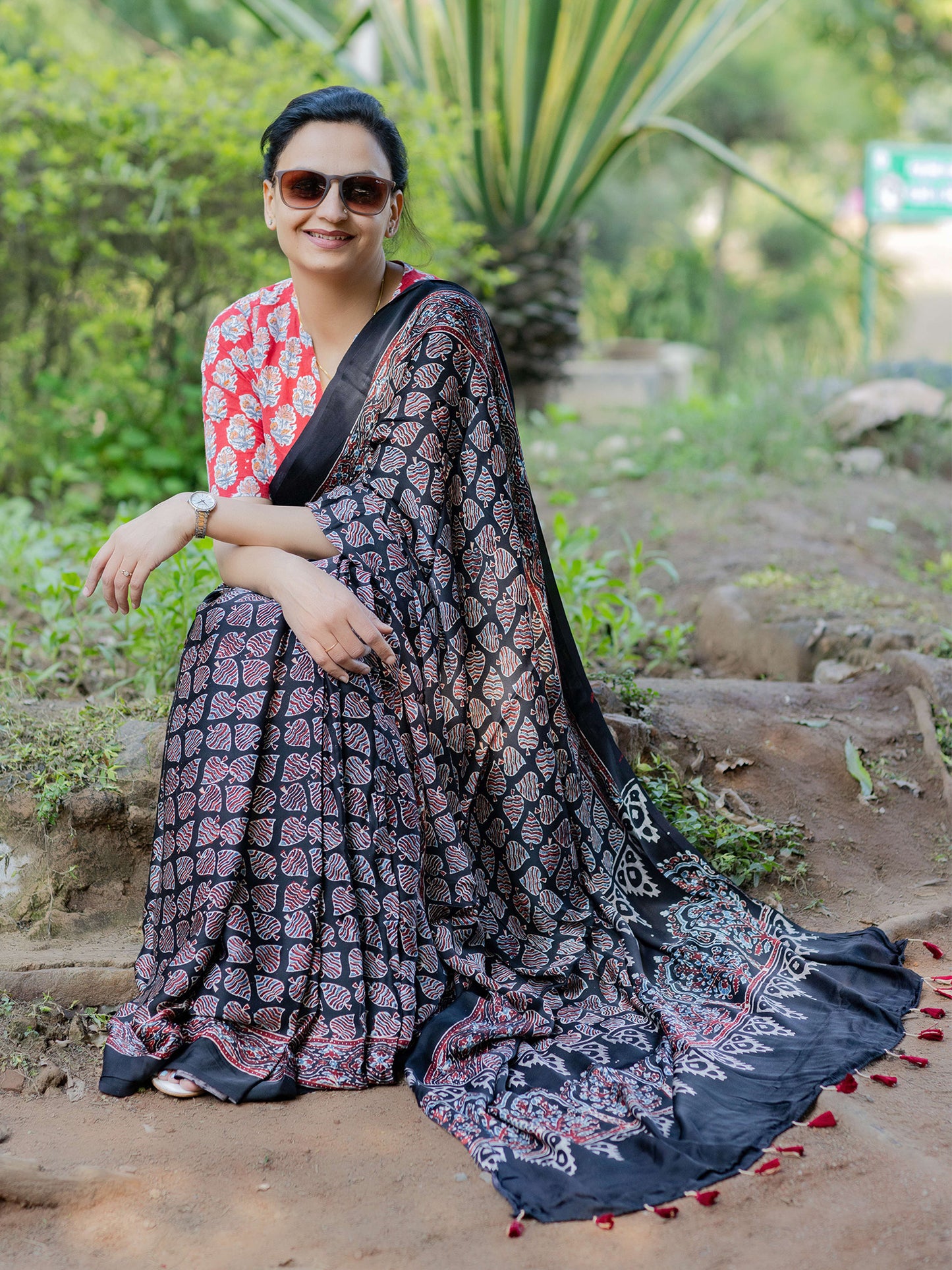 Black Modal Silk Ajrakh Block Print Saree