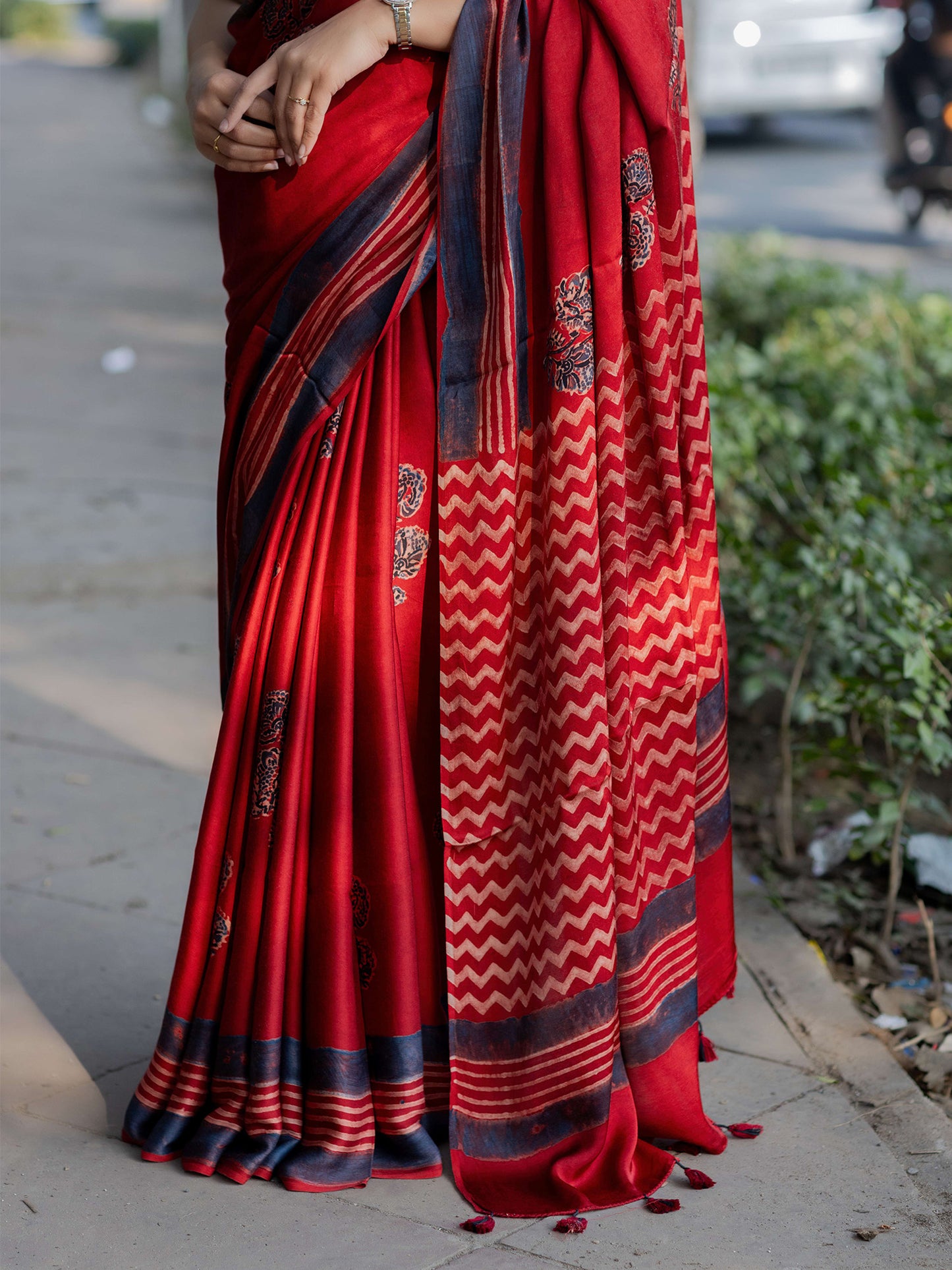 Red Modal Silk Ajrakh Block Print Saree