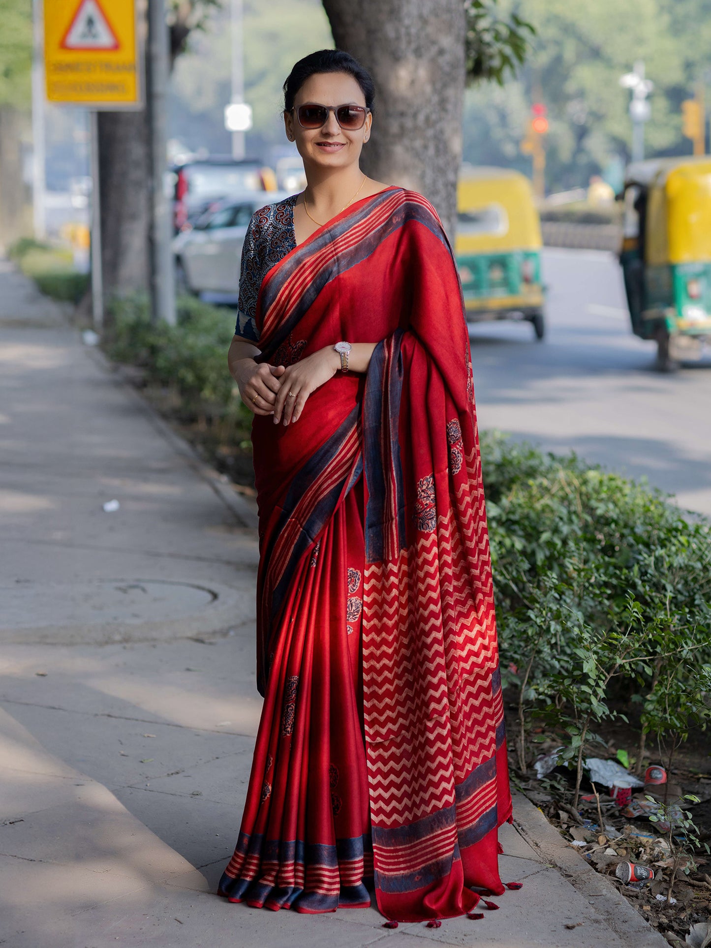 Red Modal Silk Ajrakh Block Print Saree