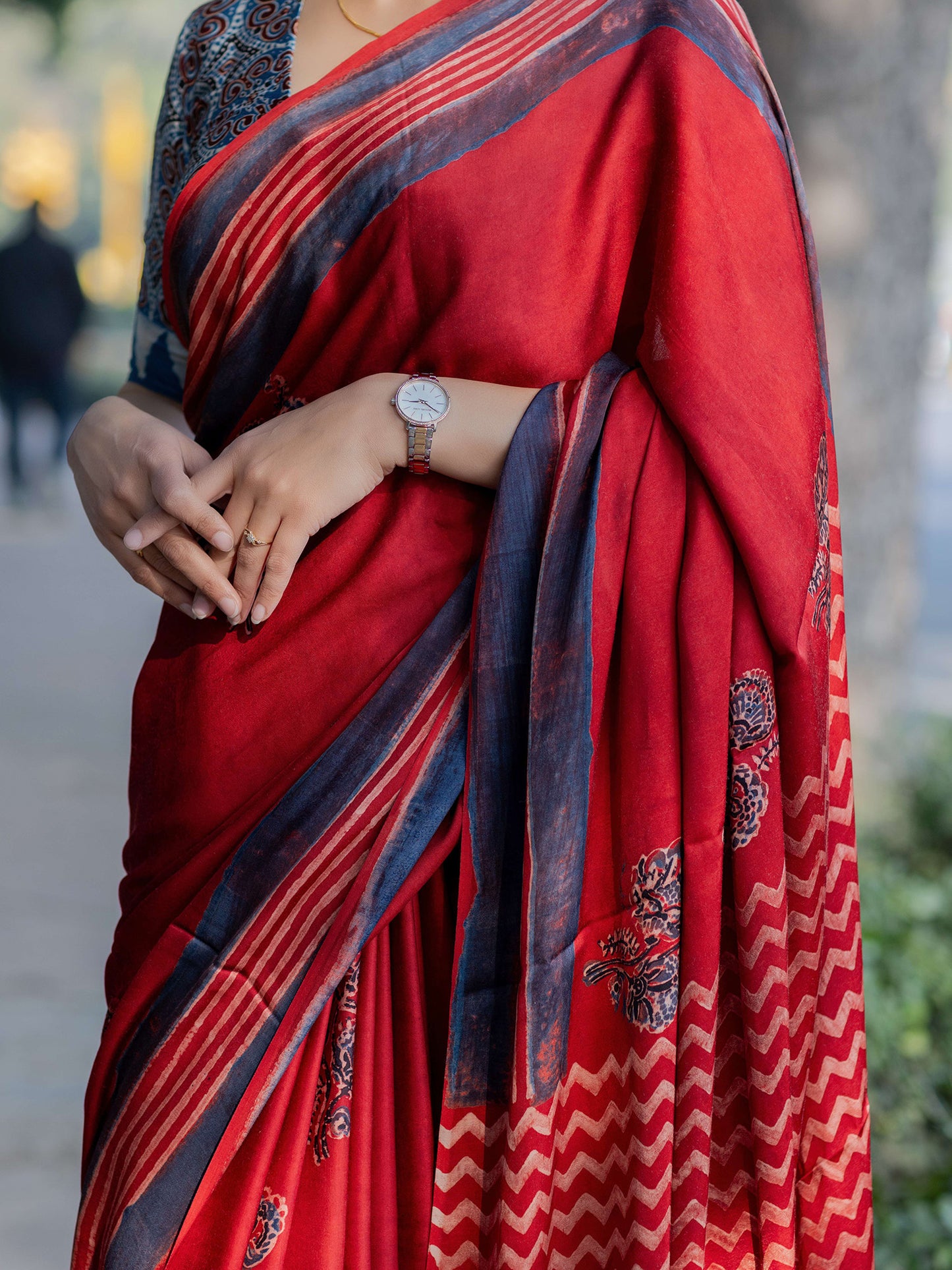 Red Modal Silk Ajrakh Block Print Saree