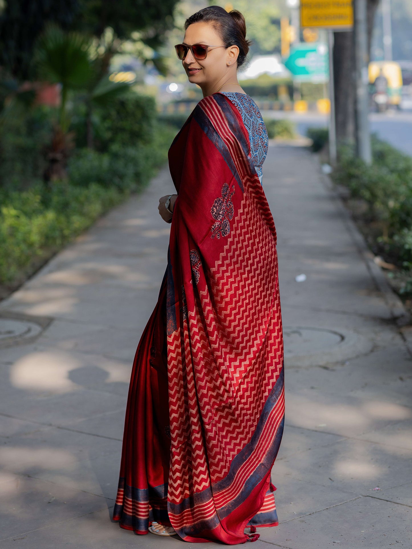 Red Modal Silk Ajrakh Block Print Saree