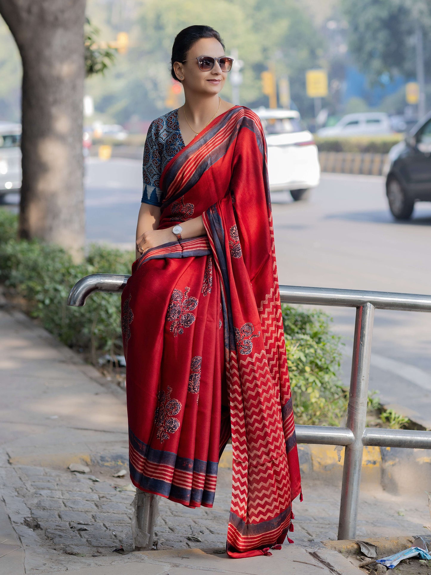 Red Modal Silk Ajrakh Block Print Saree