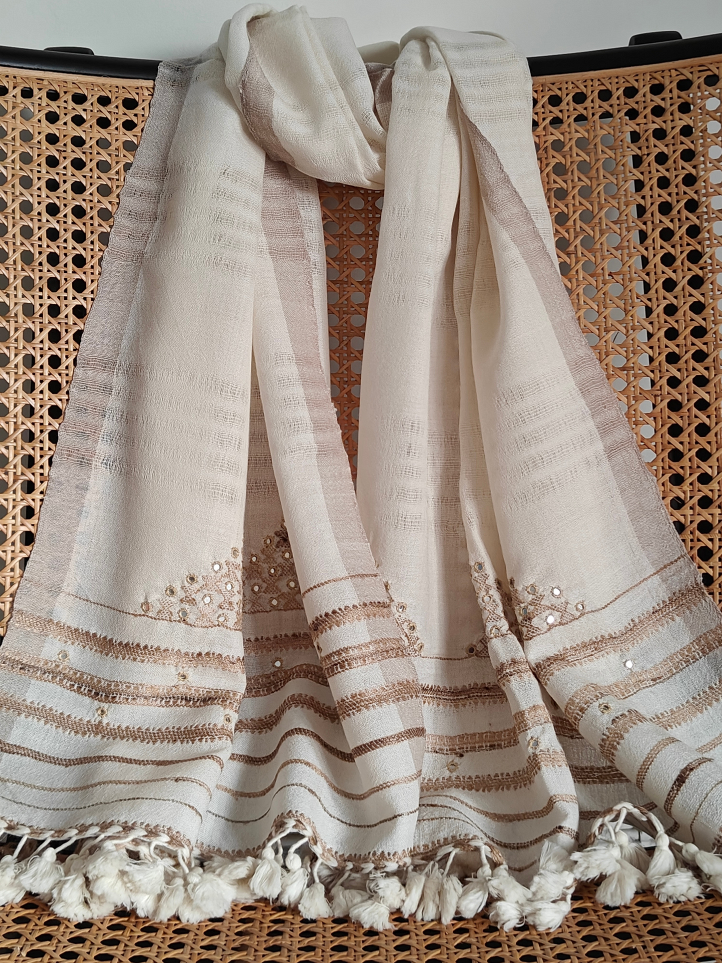 Off White Handwoven Woollen Stole with Handembroidery & Mirror Work