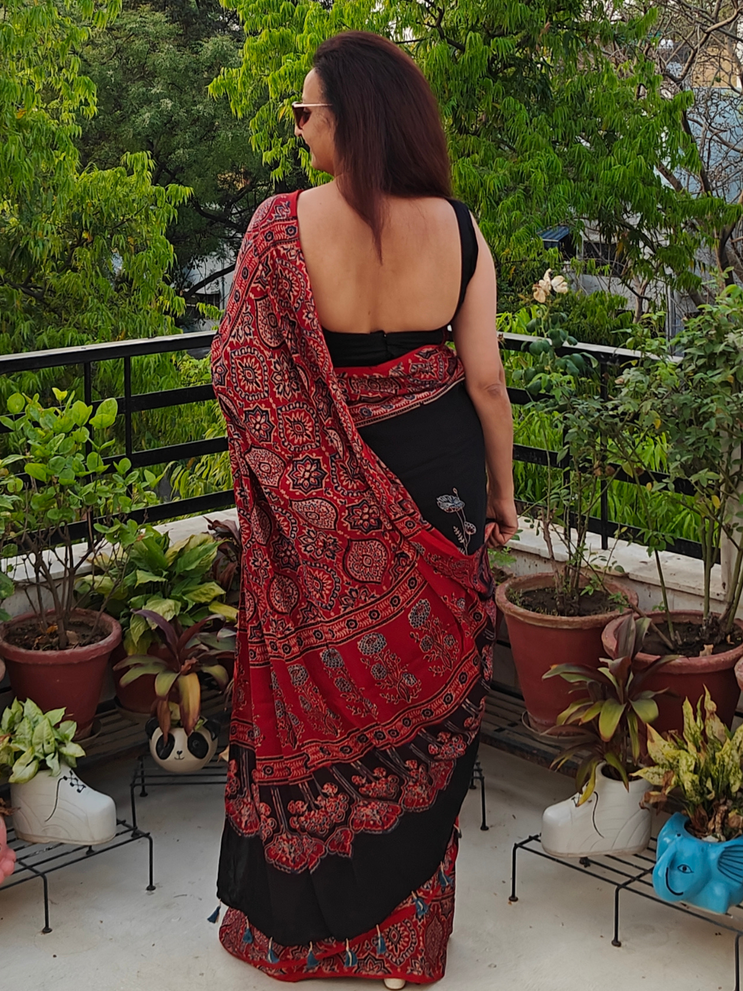 Black & Red Modal Silk Ajrakh Block Print Saree