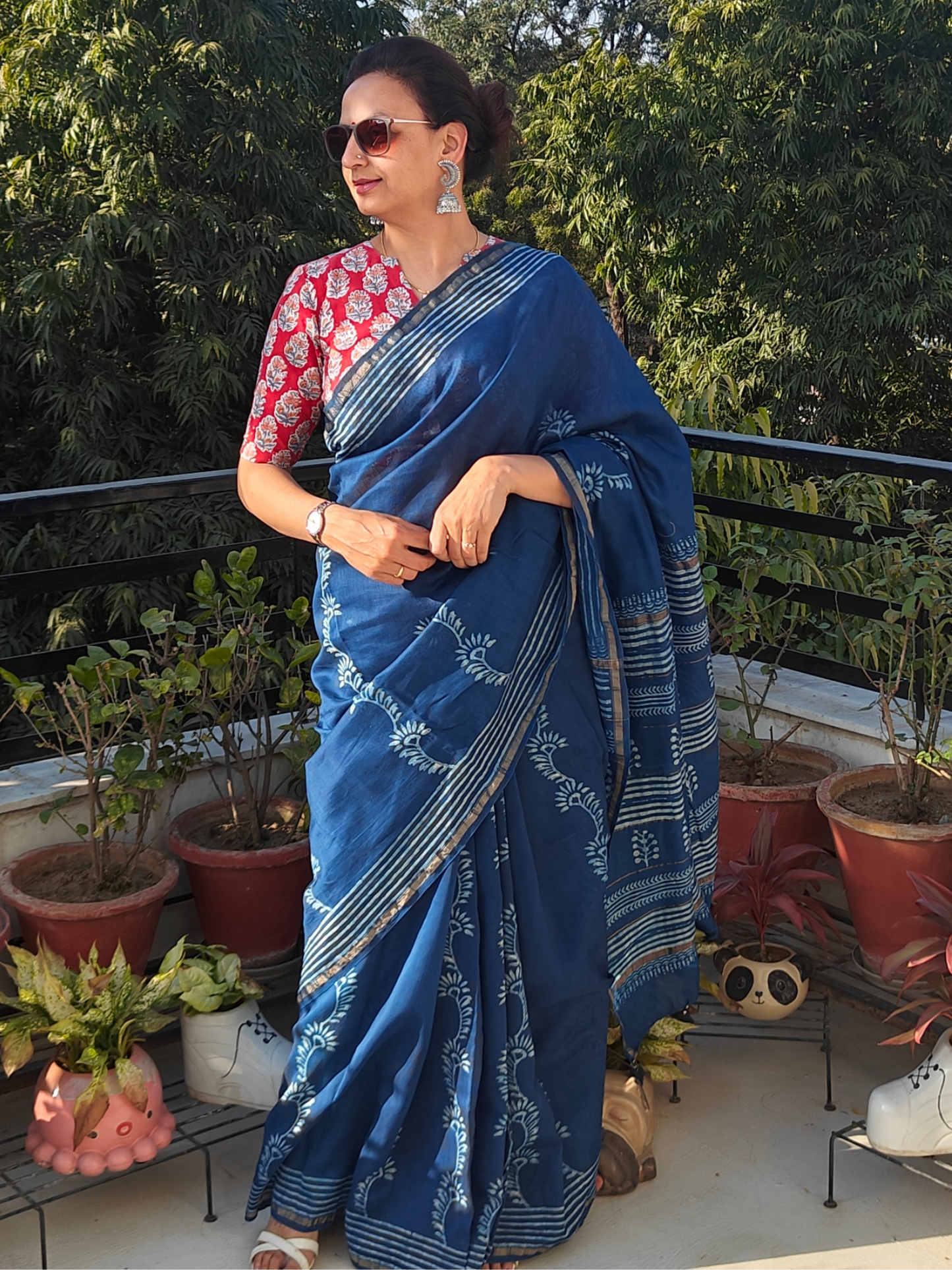Indigo Dabu Handblock Print Chanderi Saree