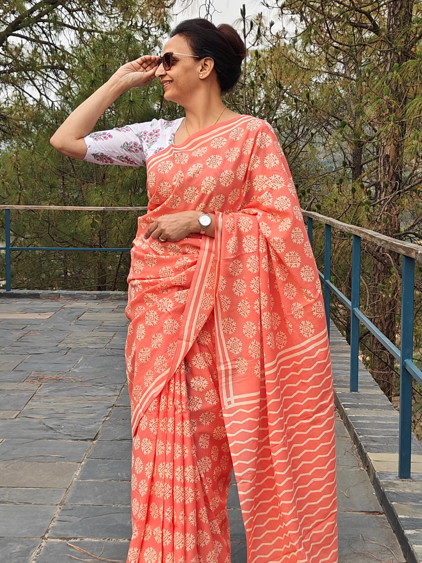 Peach Coral Handblock Printed Mull Cotton Saree