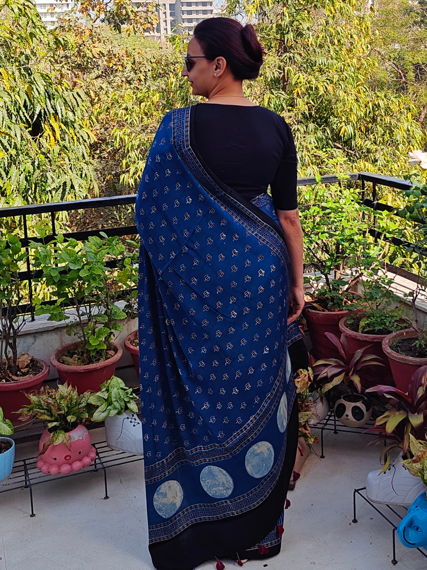 Indigo Half & Half Modal Silk Ajrakh Block Print Saree