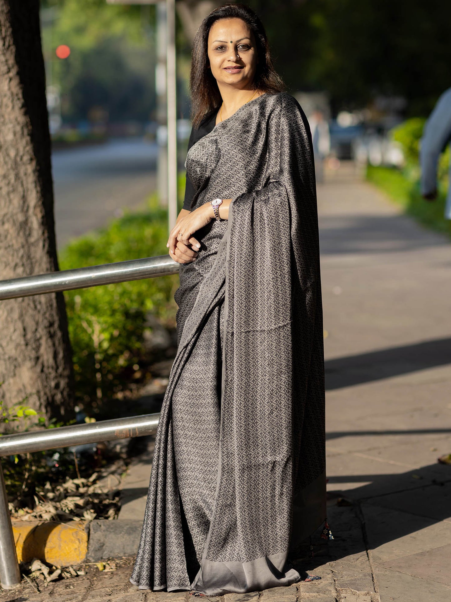 Grey Jaal Modal Silk Ajrakh Block Print Saree
