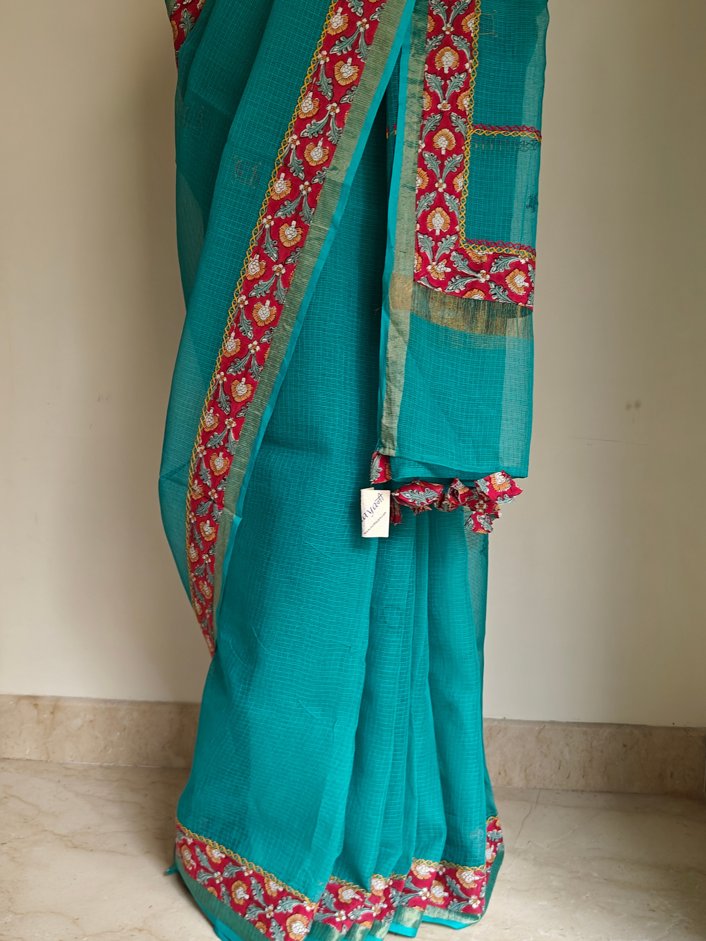 Blue Kota Patchwork Hand Embroidered Saree