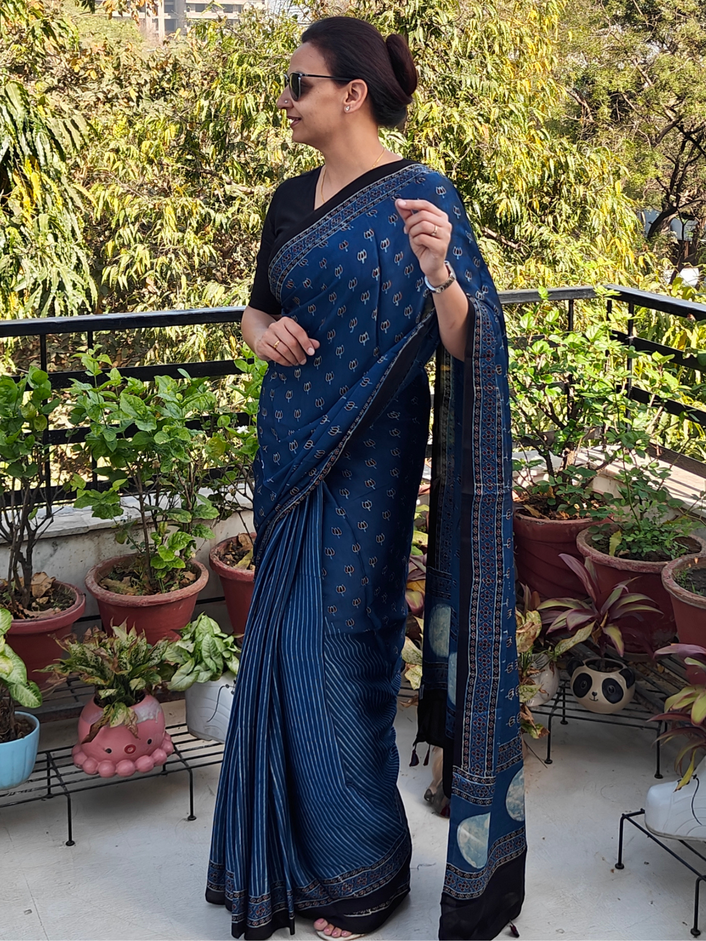 Indigo Half & Half Modal Silk Ajrakh Block Print Saree