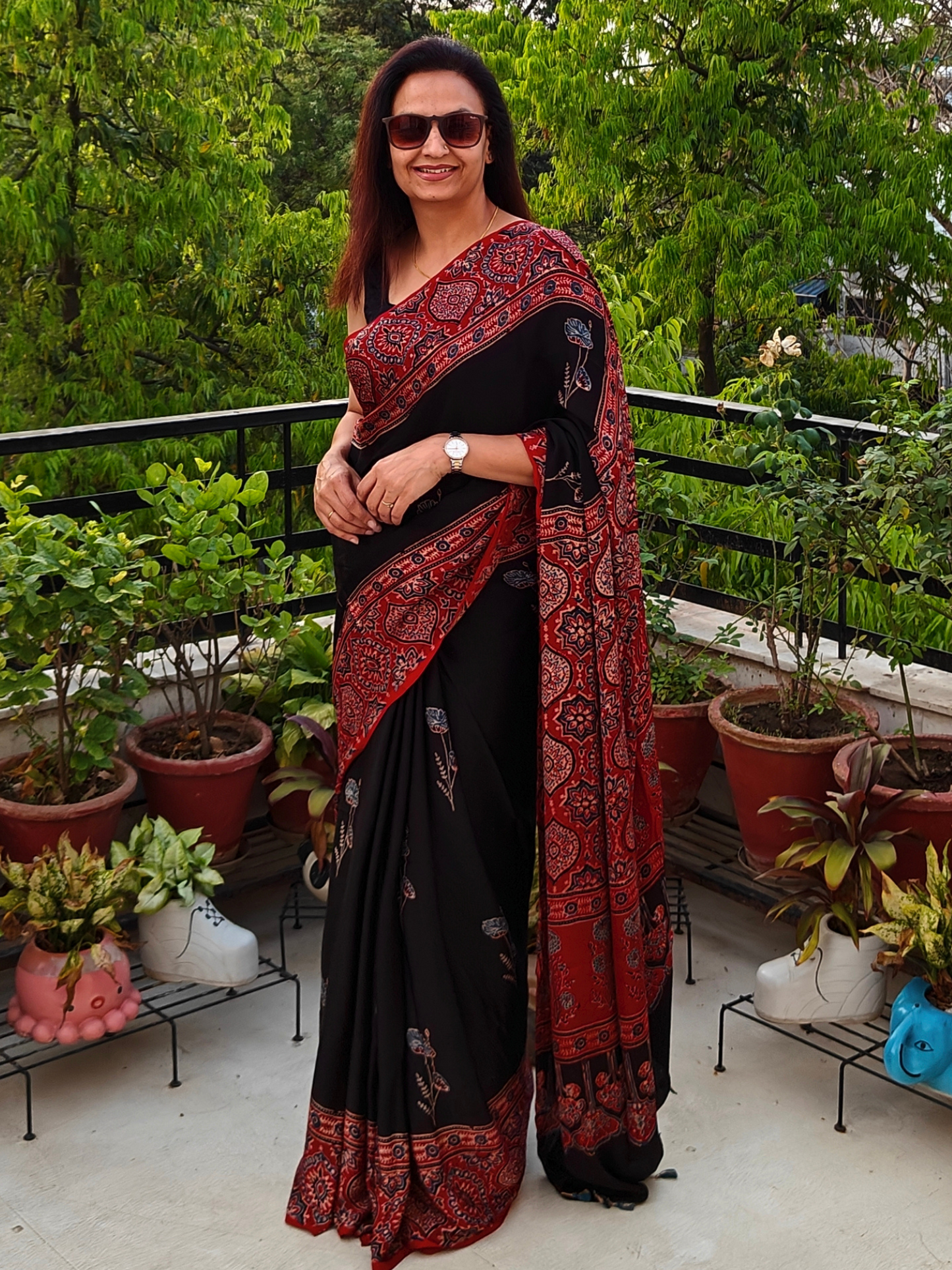 Black & Red Modal Silk Ajrakh Block Print Saree