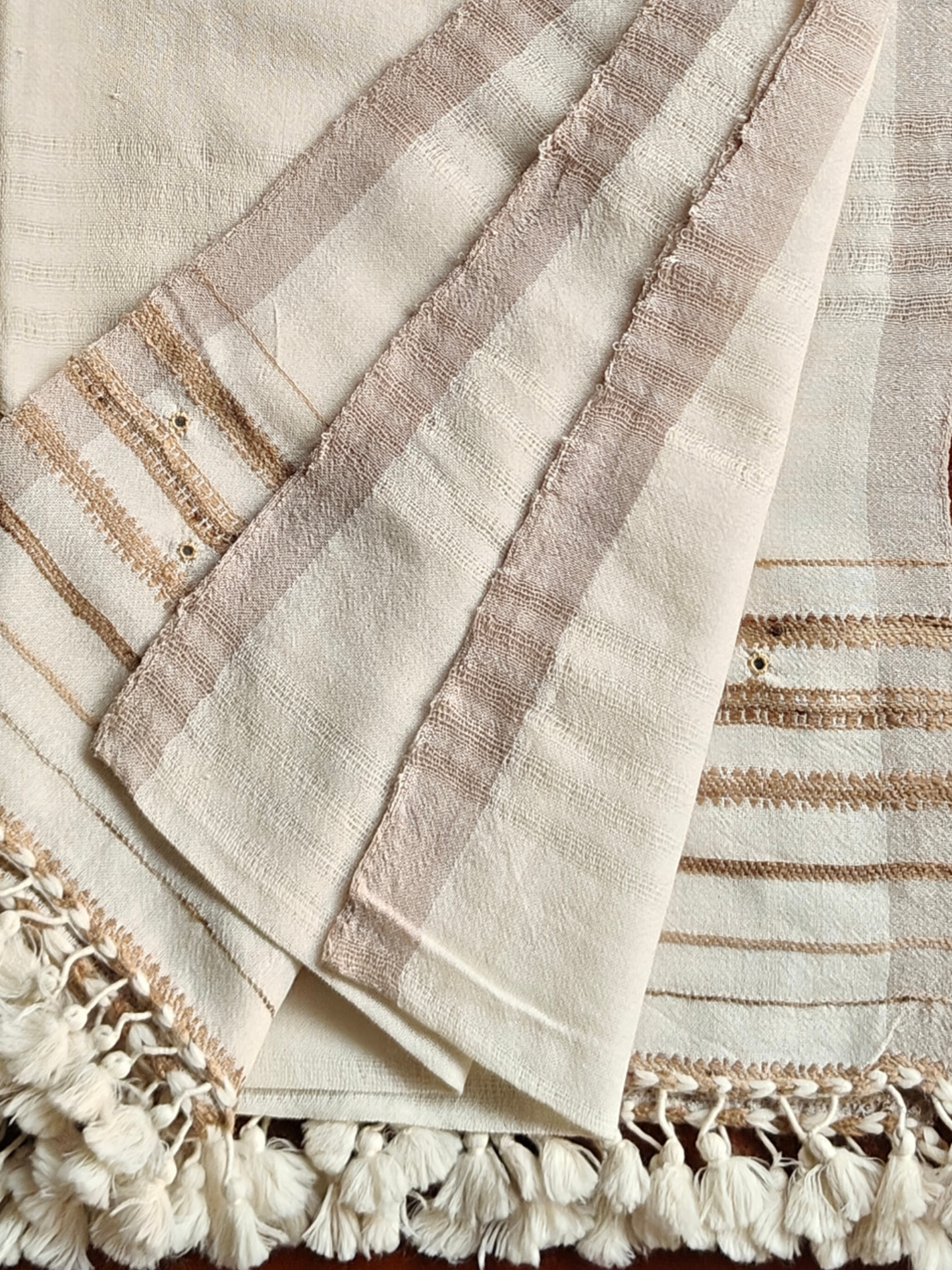 Off White Handwoven Woollen Stole with Handembroidery & Mirror Work