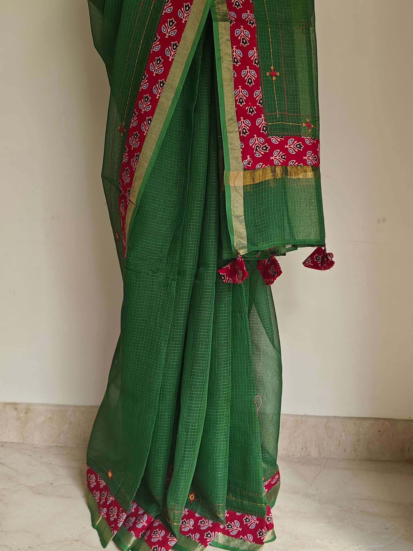 Green Kota Patchwork Hand Embroidered Saree