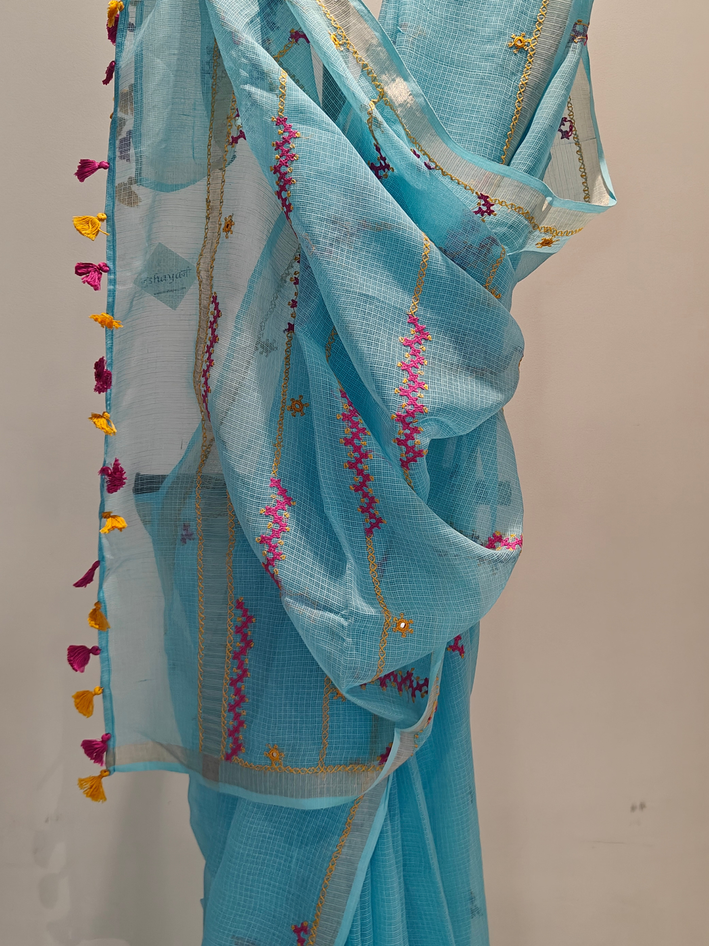 Aqua Blue Kota Hand Embroidered Saree
