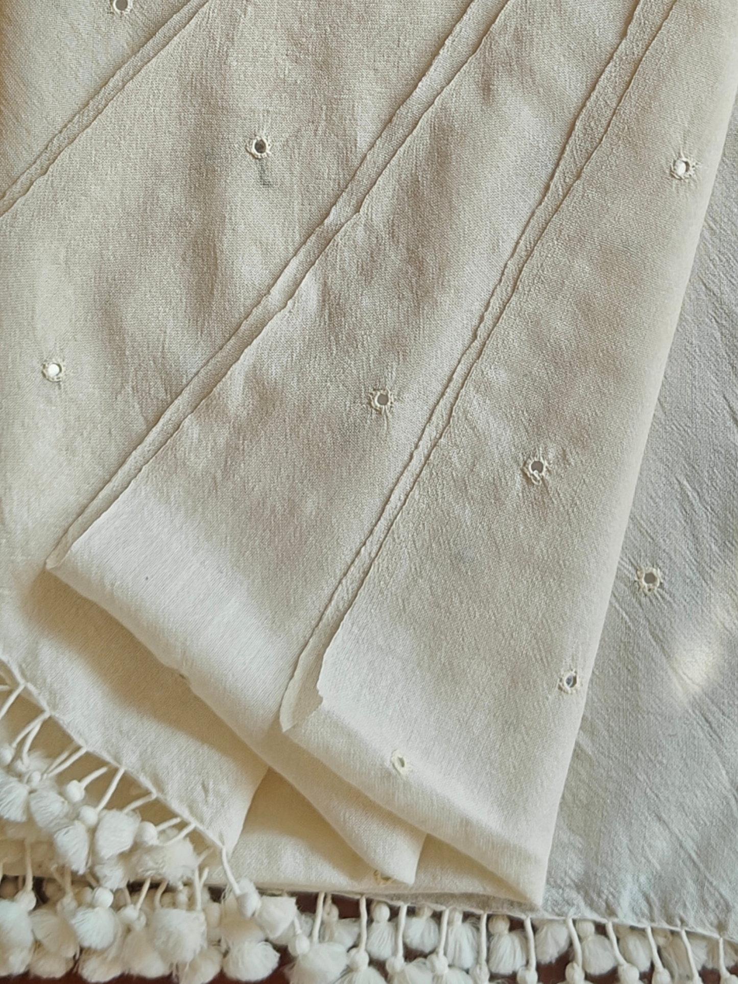 Off White Handwoven Woollen Stole with Handembroidered Mirror Work