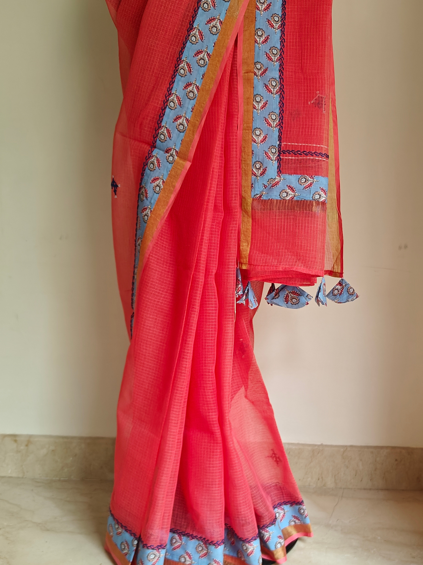 Peach Kota Patchwork hand Embroidered Saree