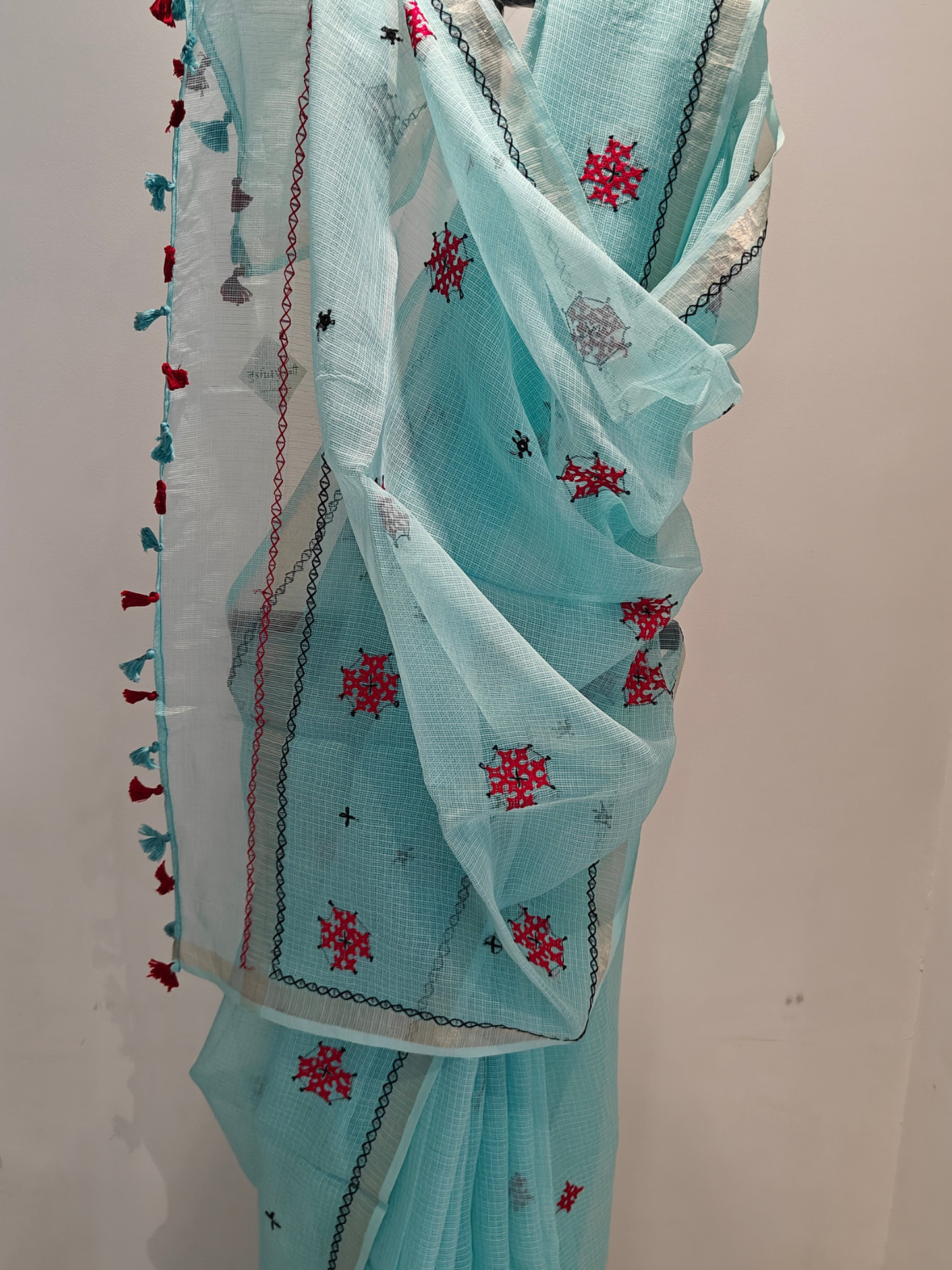 Aqua Blue Kota Hand Embroidered Saree