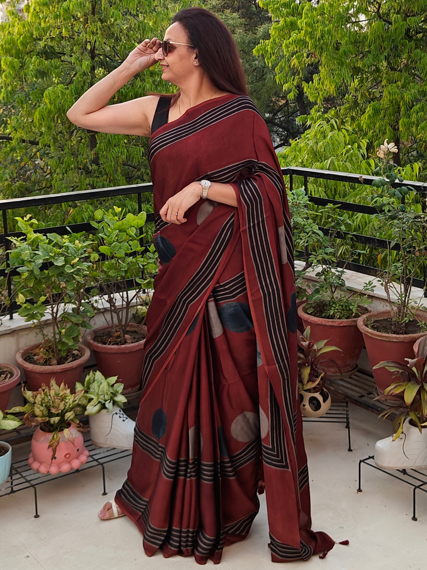 Maroon Striped & Polka Modal Silk Ajrakh Block Print Saree