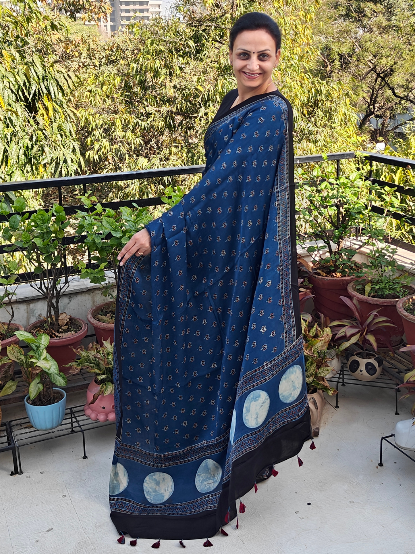 Indigo Half & Half Modal Silk Ajrakh Block Print Saree