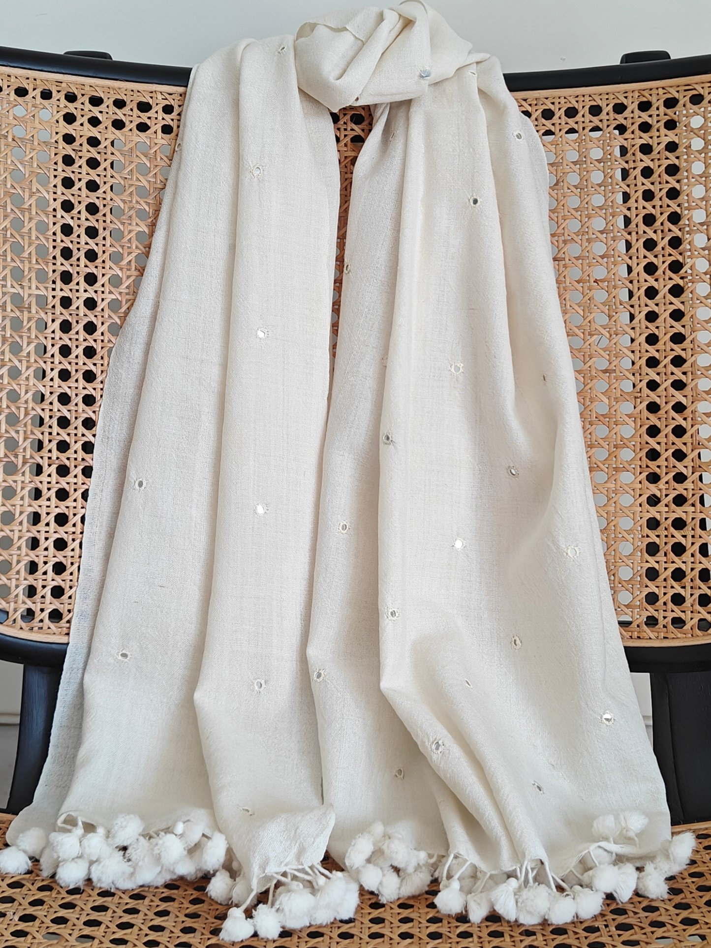 Off White Handwoven Woollen Stole with Handembroidered Mirror Work