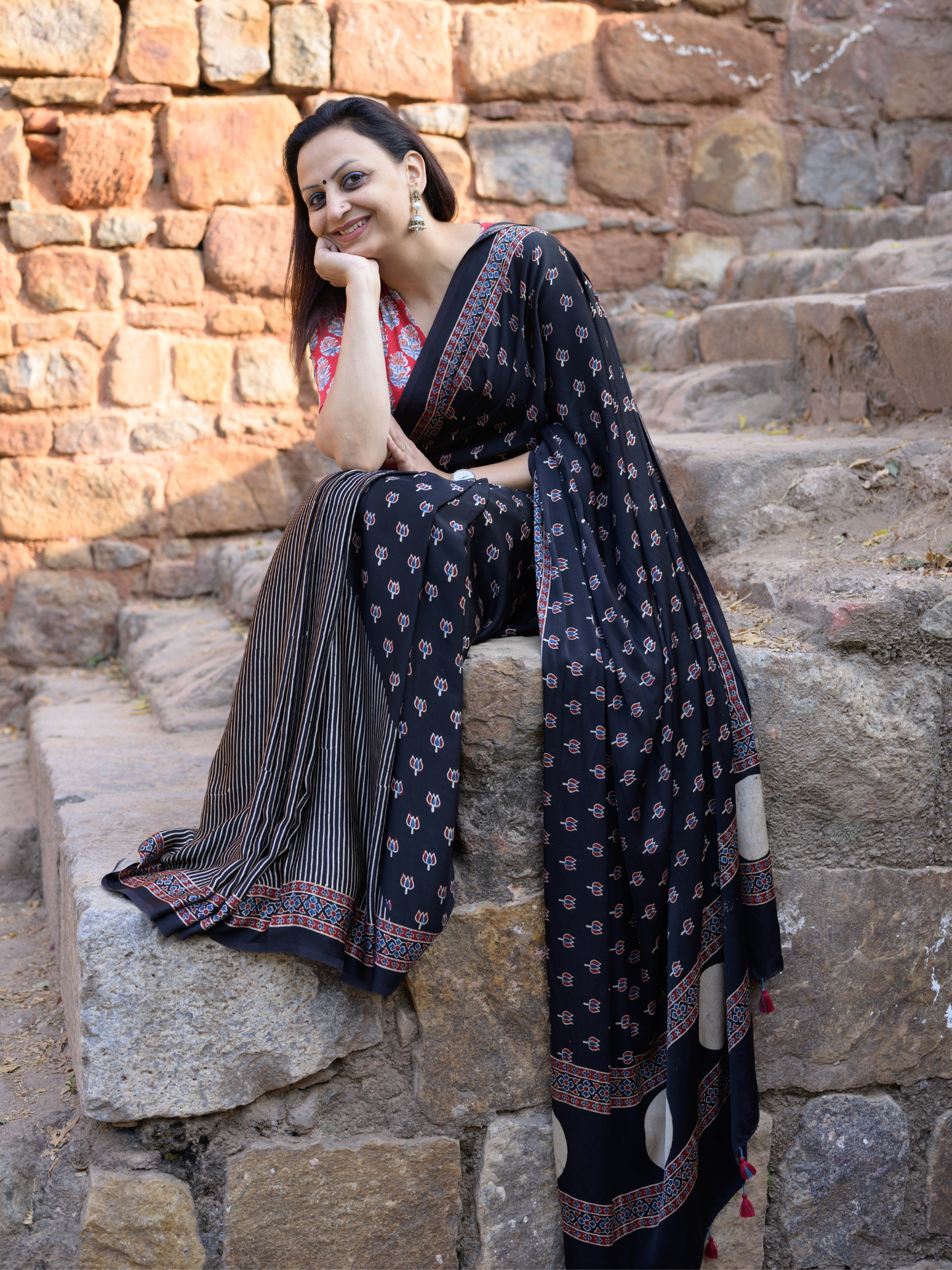 Black Half & Half Modal Silk Ajrakh Block Print Saree